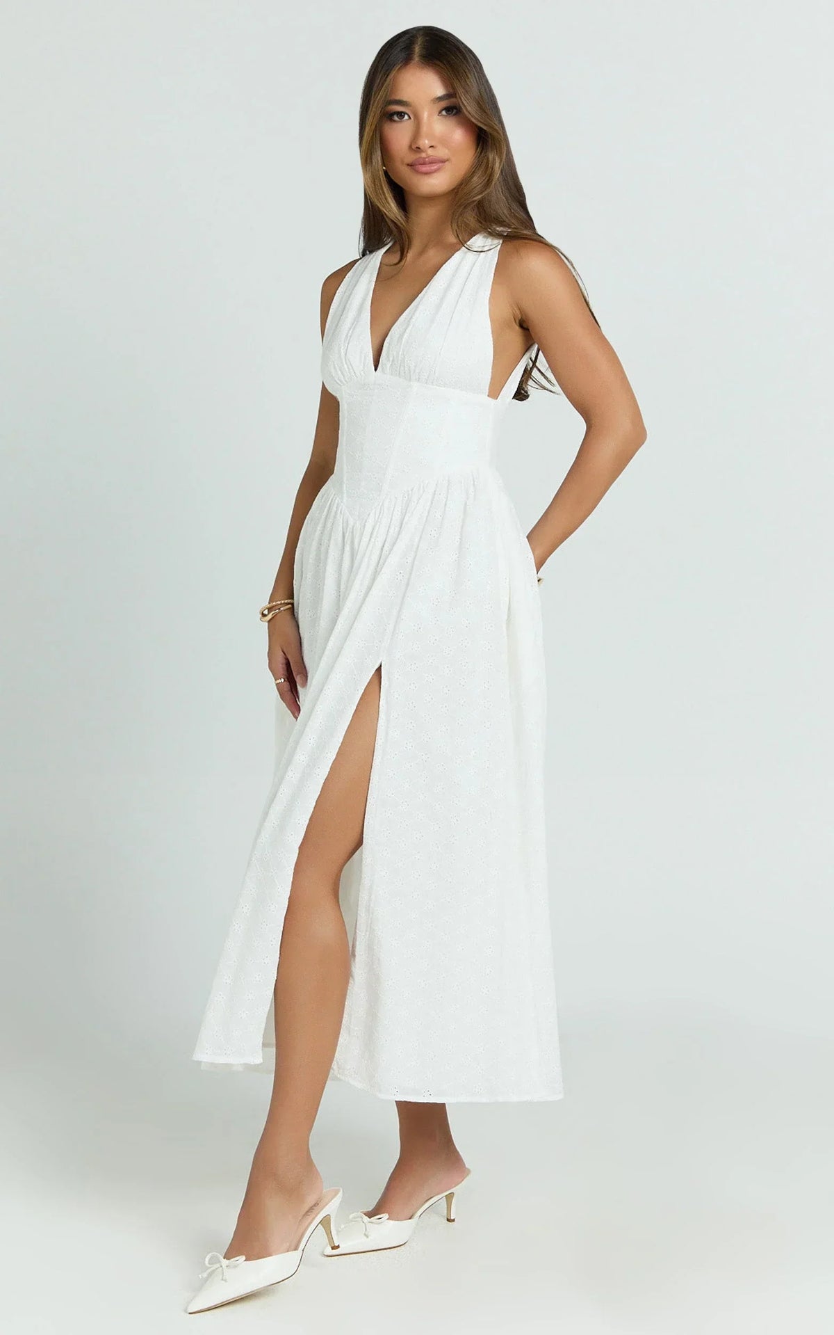 Lainey Midi Dress - Embroidered V Neck Corset Drop Waist Fit And Flare Dress in White
