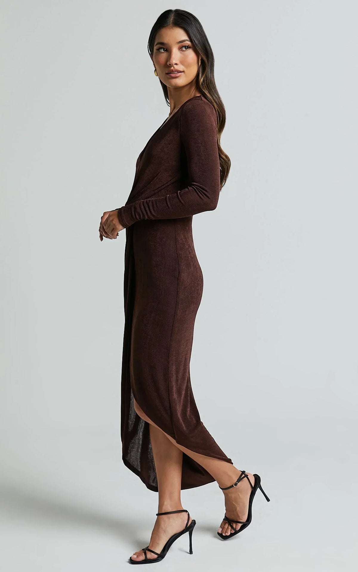 Janina Midi Dress - Plunge Long Sleeve Twist Wrap Asymmetric Dress in Chocolate