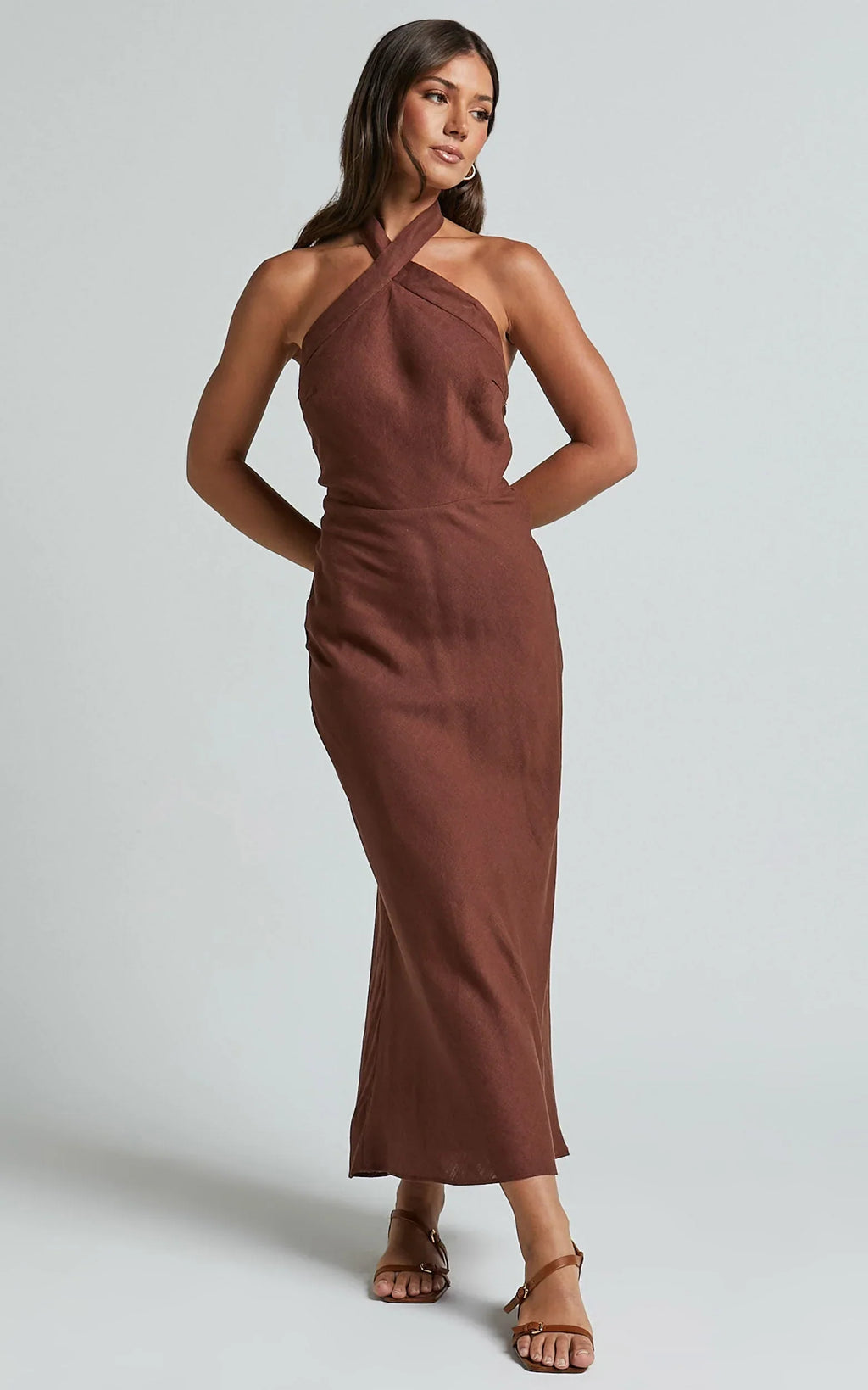 Maelynn Midi Dress - Linen Twist Halter Neck Low Back Slip Dress in Chocolate