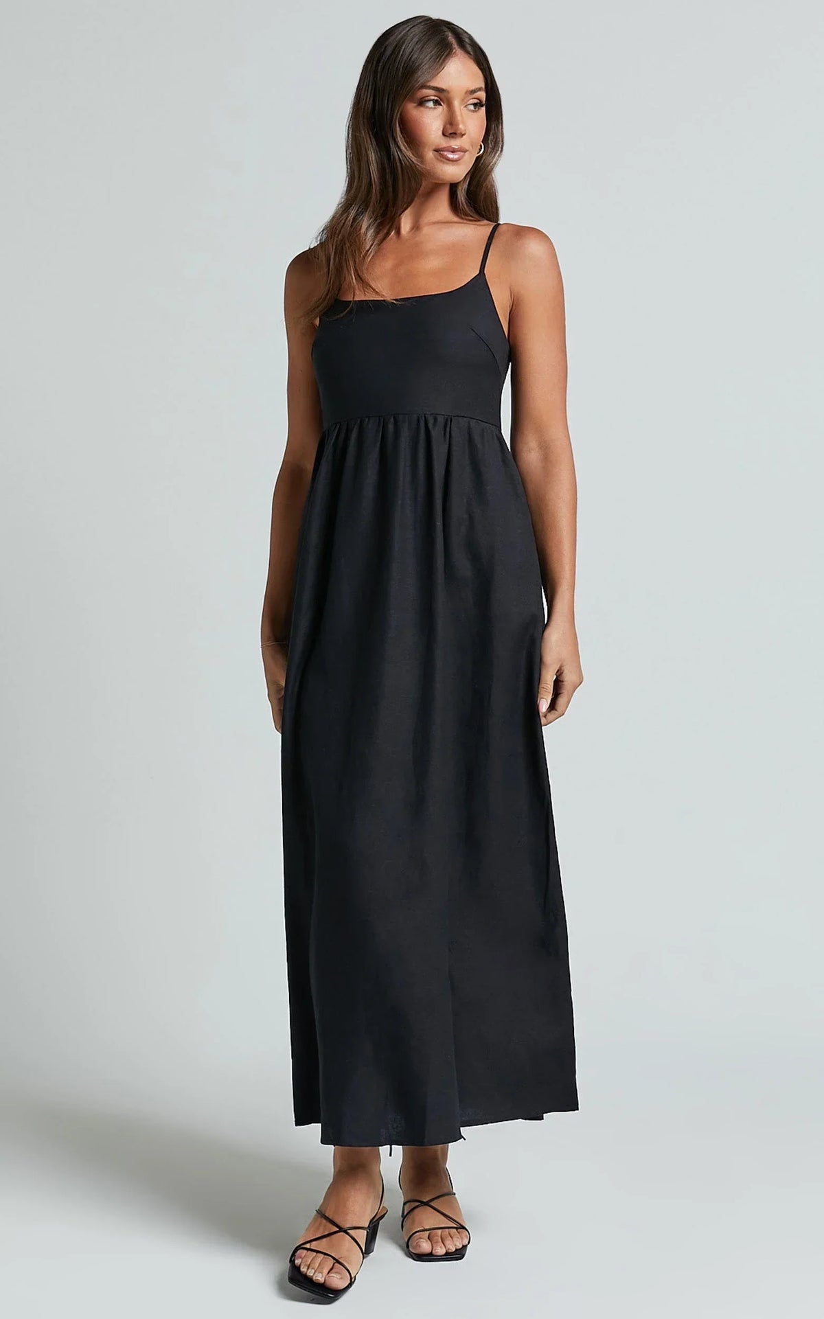 Kayrie Midi Dress - Strappy A Line Linen in Black