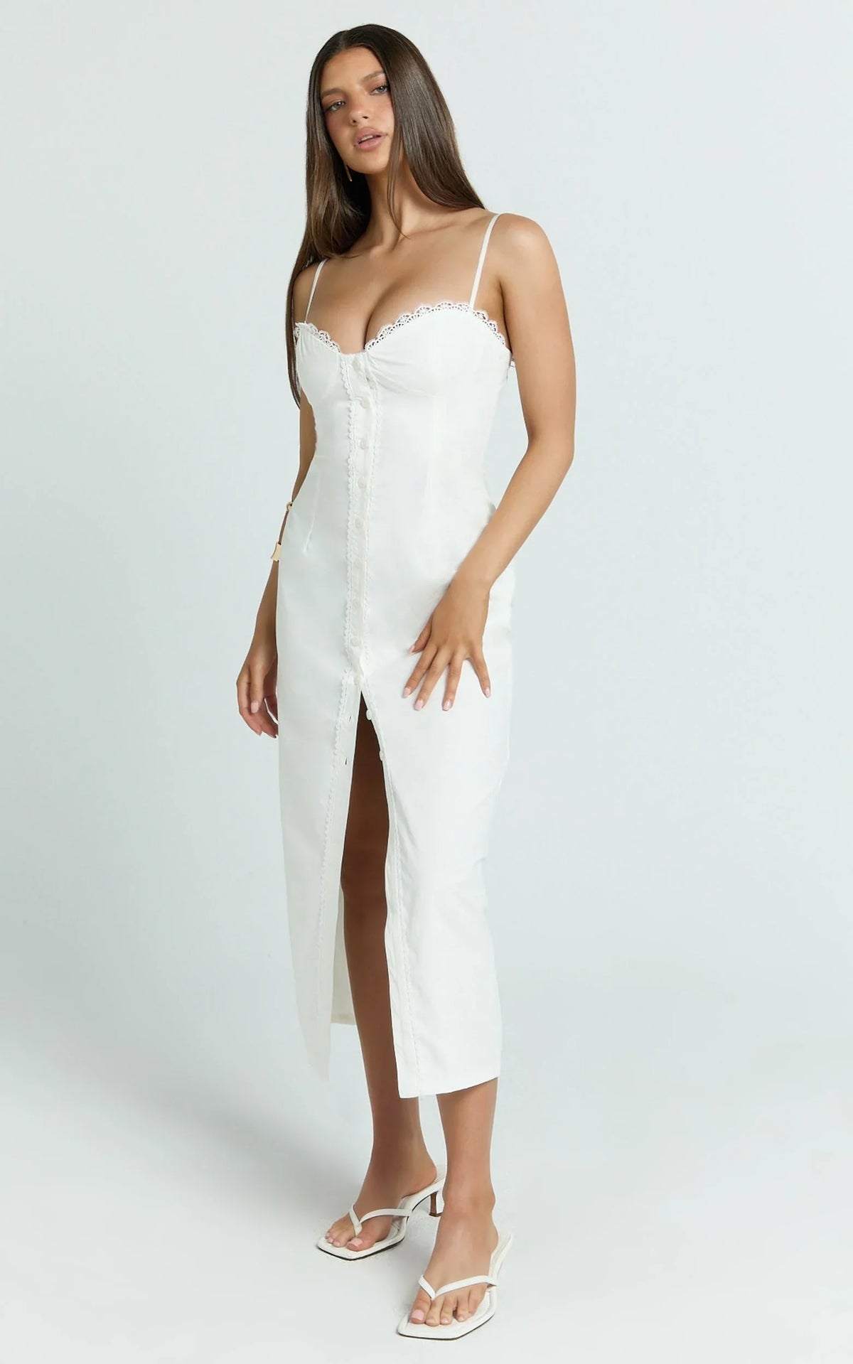 Anessa Midi Dress - Button Front Bustier Fitted Dress in White