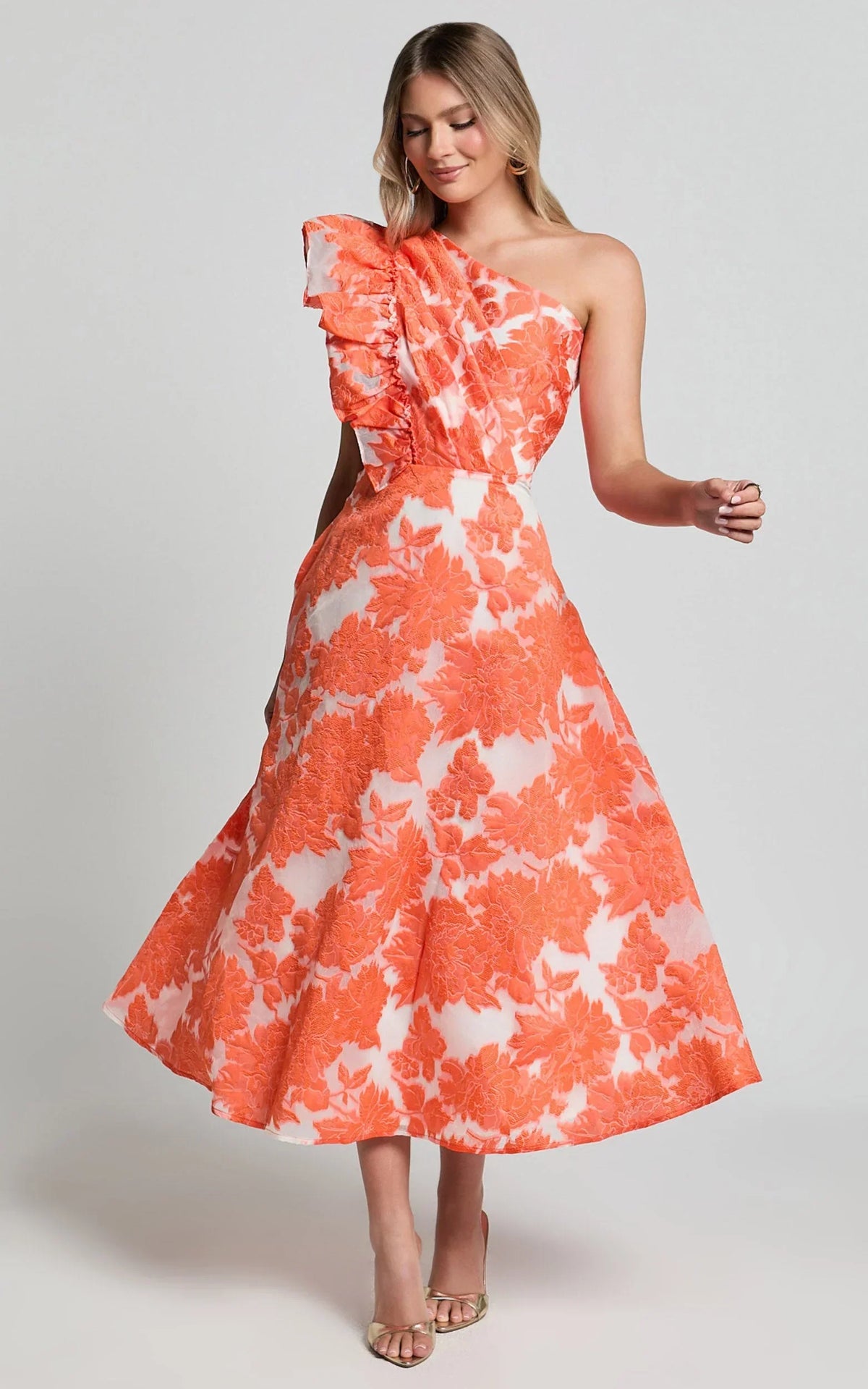 Alfreda Midi Dress - One Shoulder Ruffle Detail Brailey Jacquard Dress in Orange Jacquard