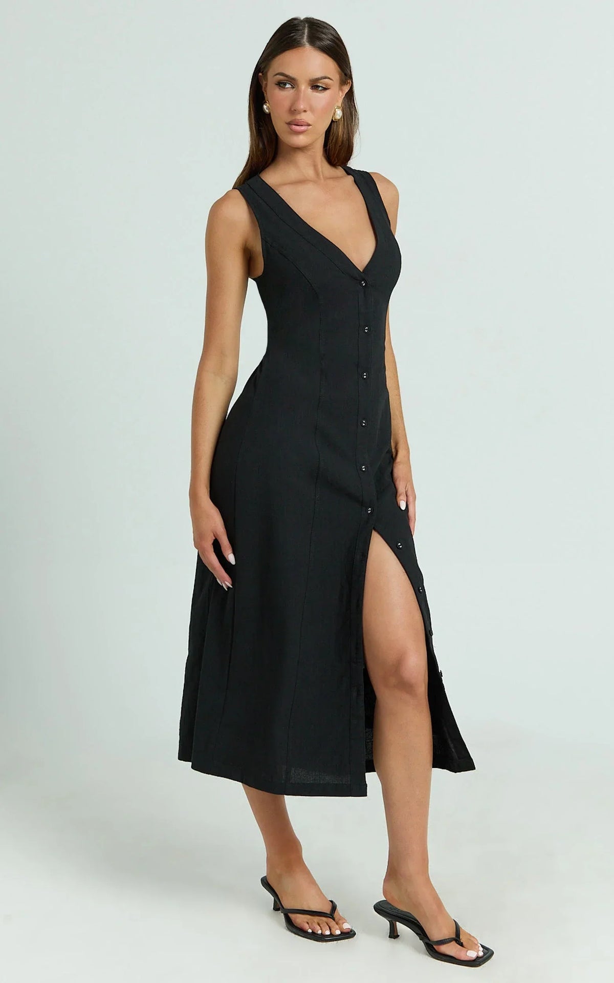Juliet Midi Dress - Button Through V Neck Dress in Black
