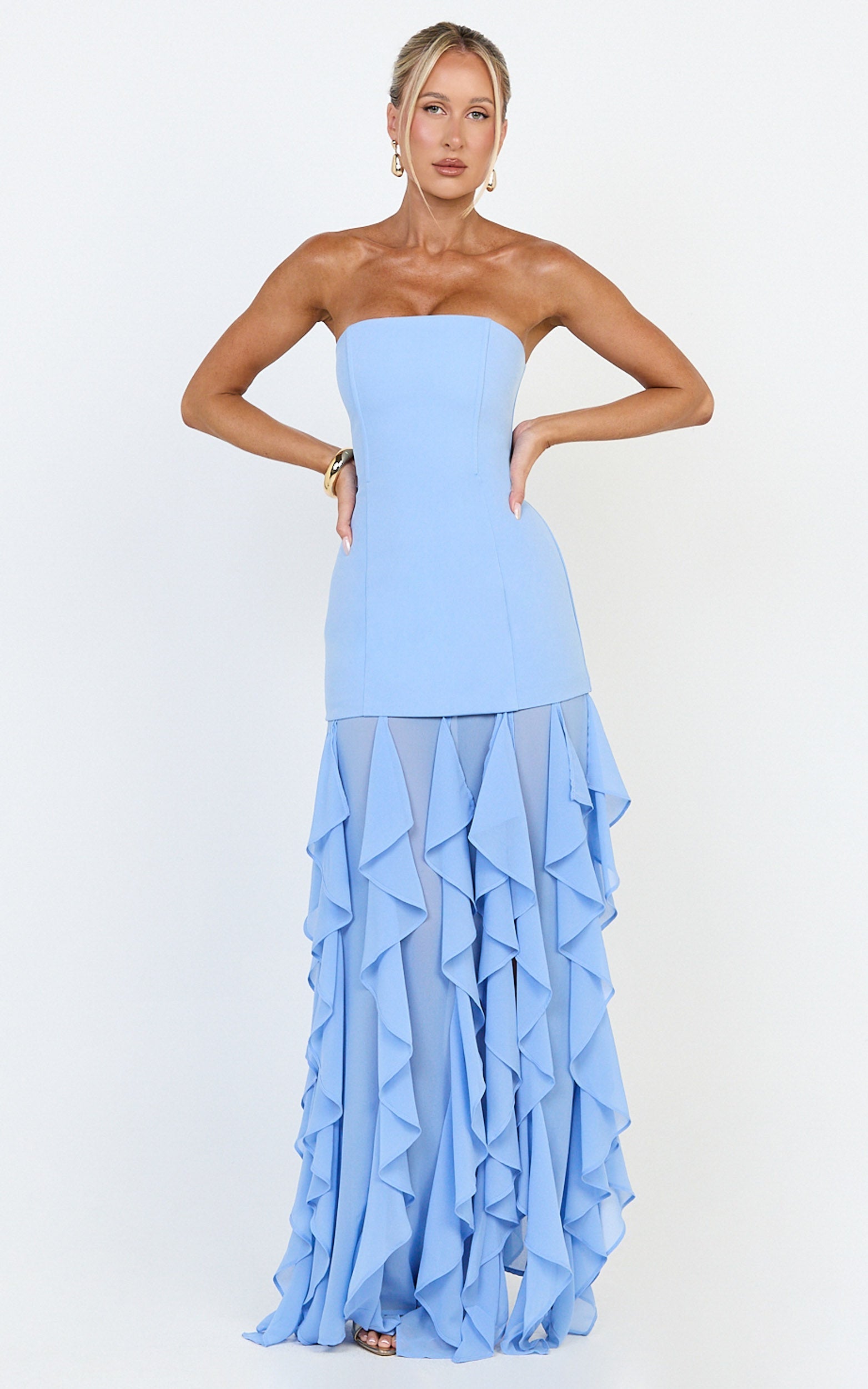 Selani Maxi Dress - Strapless Bodice Ruffle Hem Dress in Sky Blue