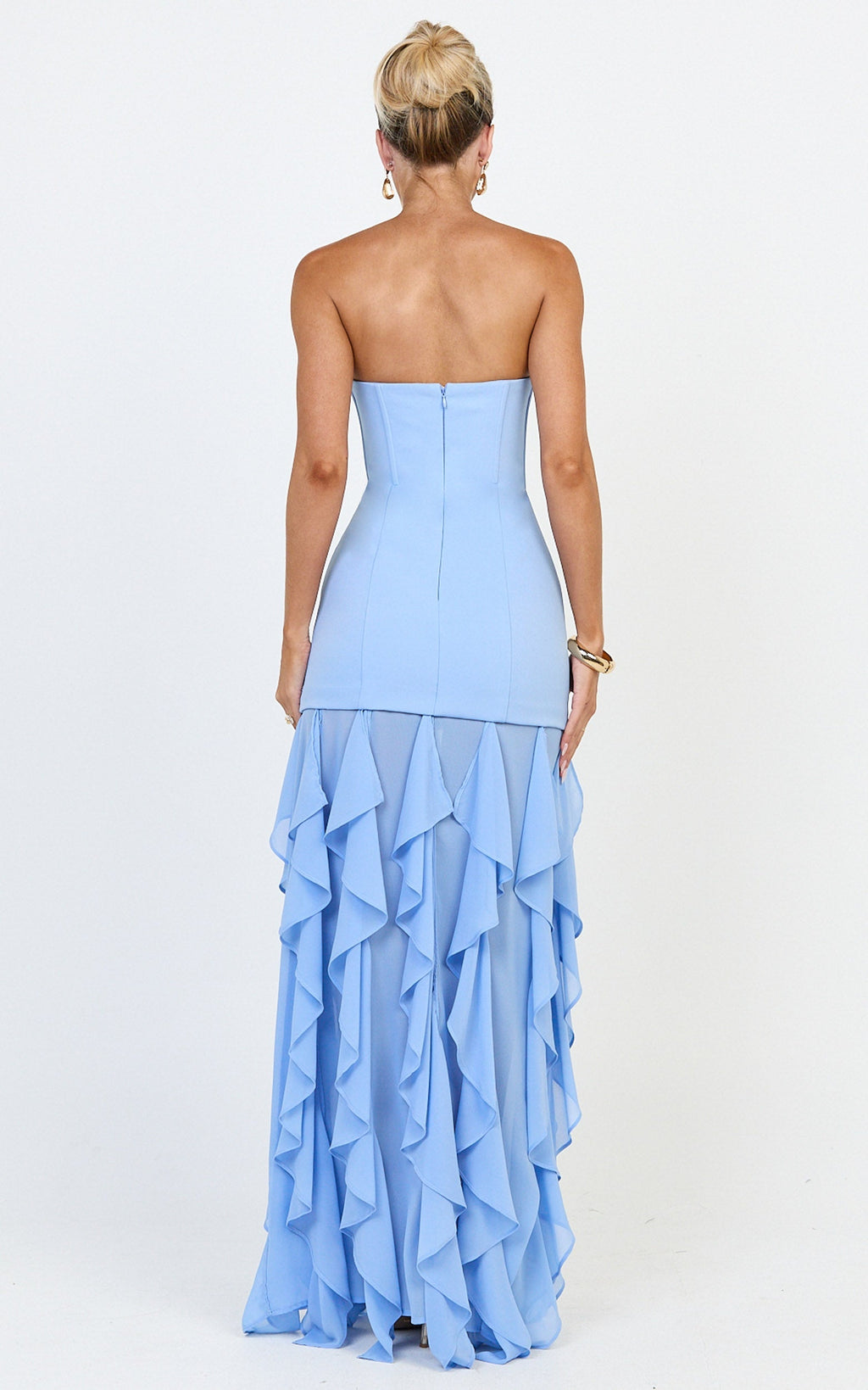 Selani Maxi Dress - Strapless Bodice Ruffle Hem Dress in Sky Blue