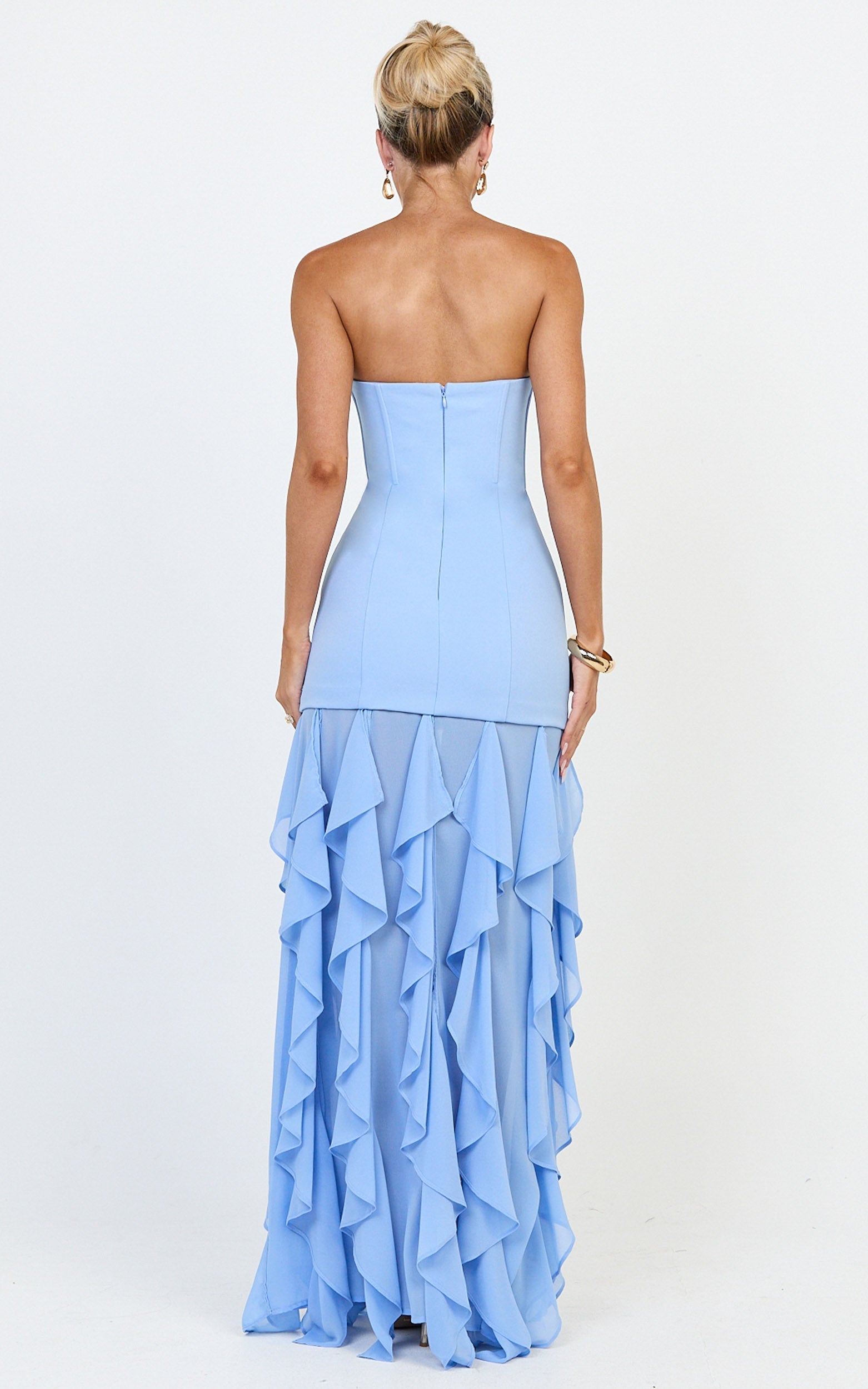 Selani Maxi Dress - Strapless Bodice Ruffle Hem Dress in Sky Blue