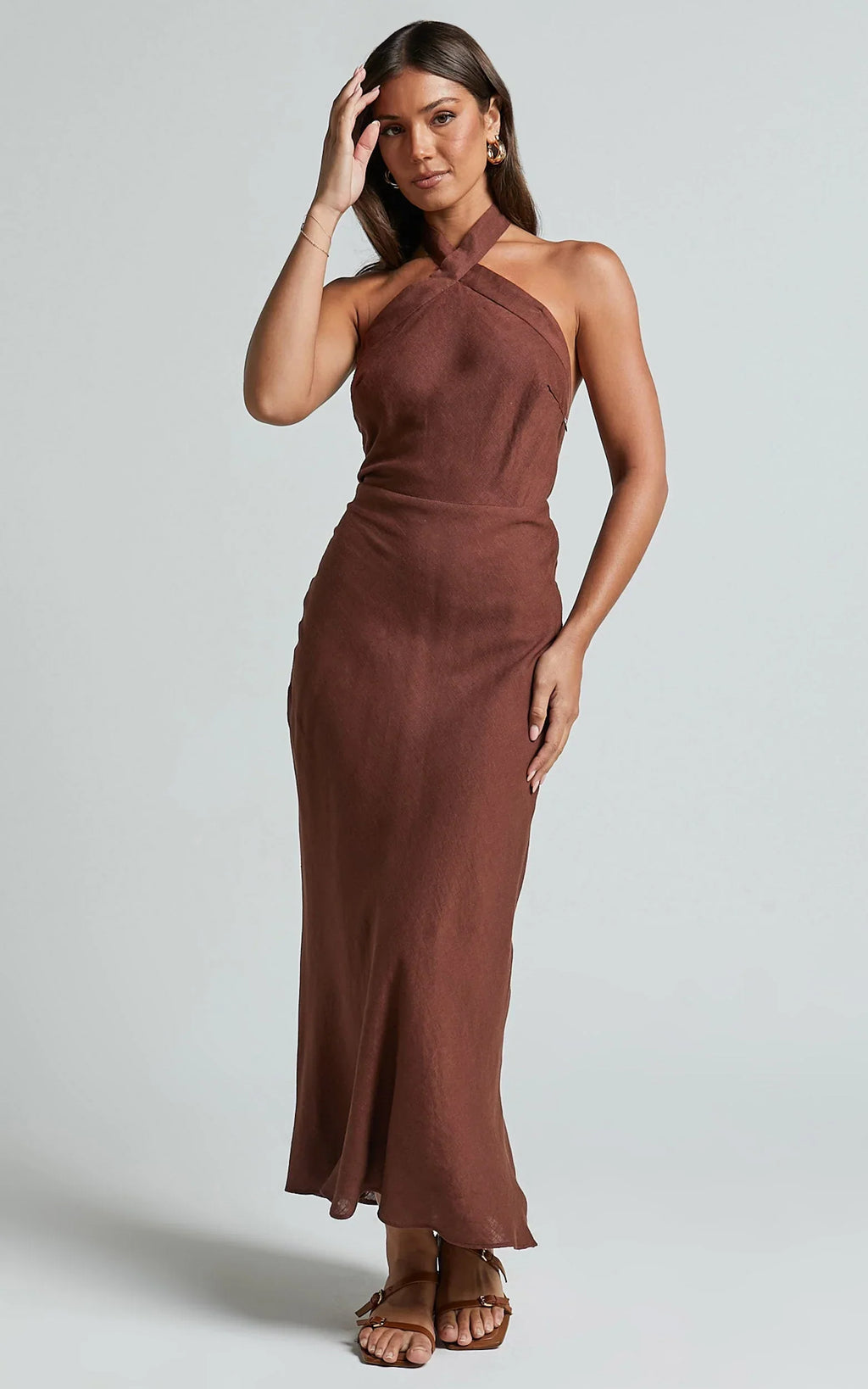 Maelynn Midi Dress - Linen Twist Halter Neck Low Back Slip Dress in Chocolate