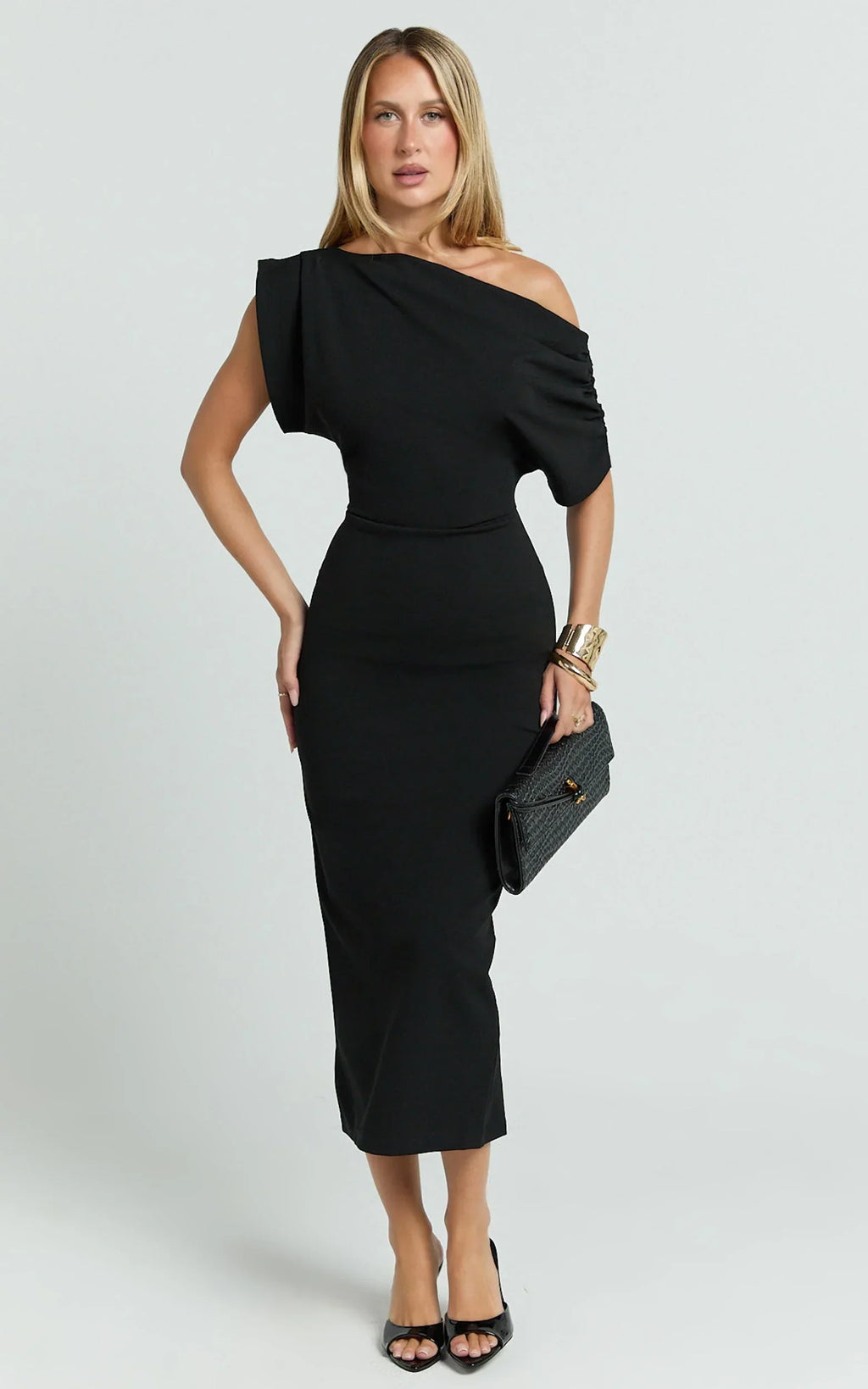 Nalfie Midi Dress - Tipped Shoulder Jersey Drape Dress in Black