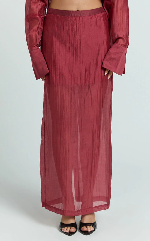 Amalia Midi Skirt - Sheer Ankle Length Pencil Skirt in Cherry