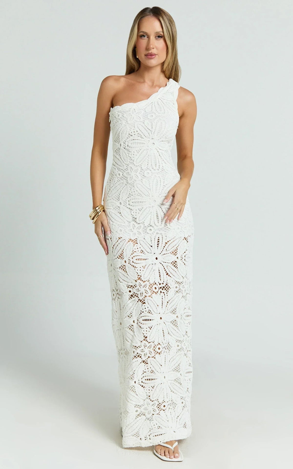 Charlene Maxi Dress - Crochet Knitted One Shoulder Maxi Dress in White
