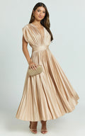 Della Midi Dress - Plunge Neck Short Sleeve Pleated Dress in Champagne