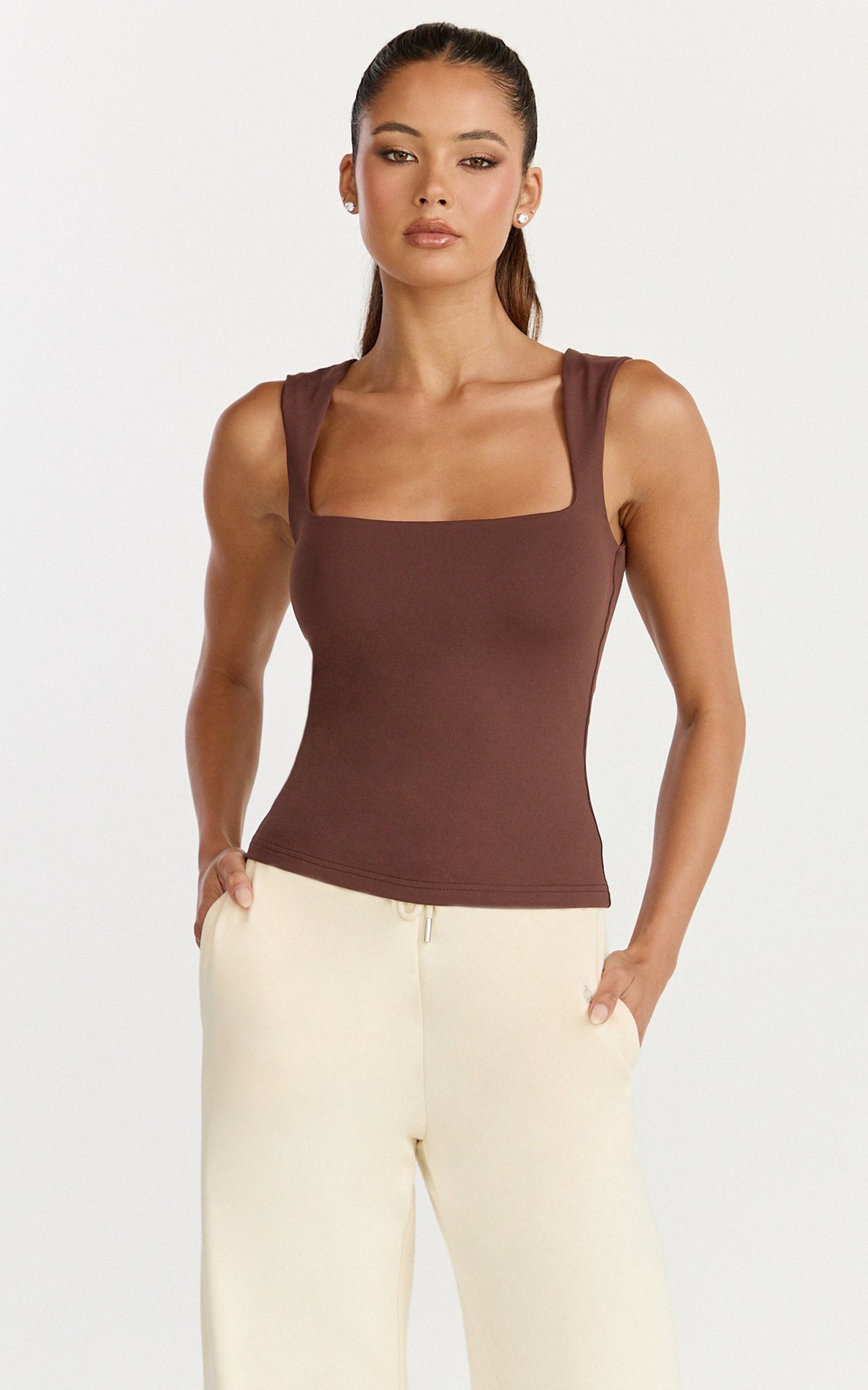 Ophelia Top - Square Neck Jersey Top in Chocolate