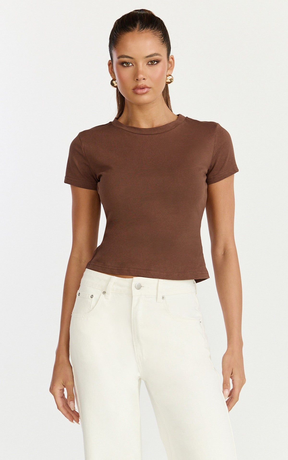 Georgina Top - Crew Neck Short Sleeve Baby Tee in Chocolate