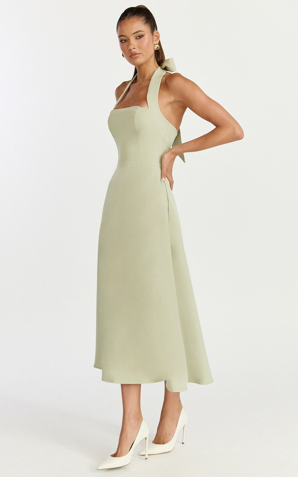 Karissa Midi Dress - Halter Neck Fitted Bodice Midi Soft A Line Skirt Dress in Pistachio