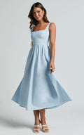 Khari Midi Dress - Linen Look Square A Line Dress in Blue