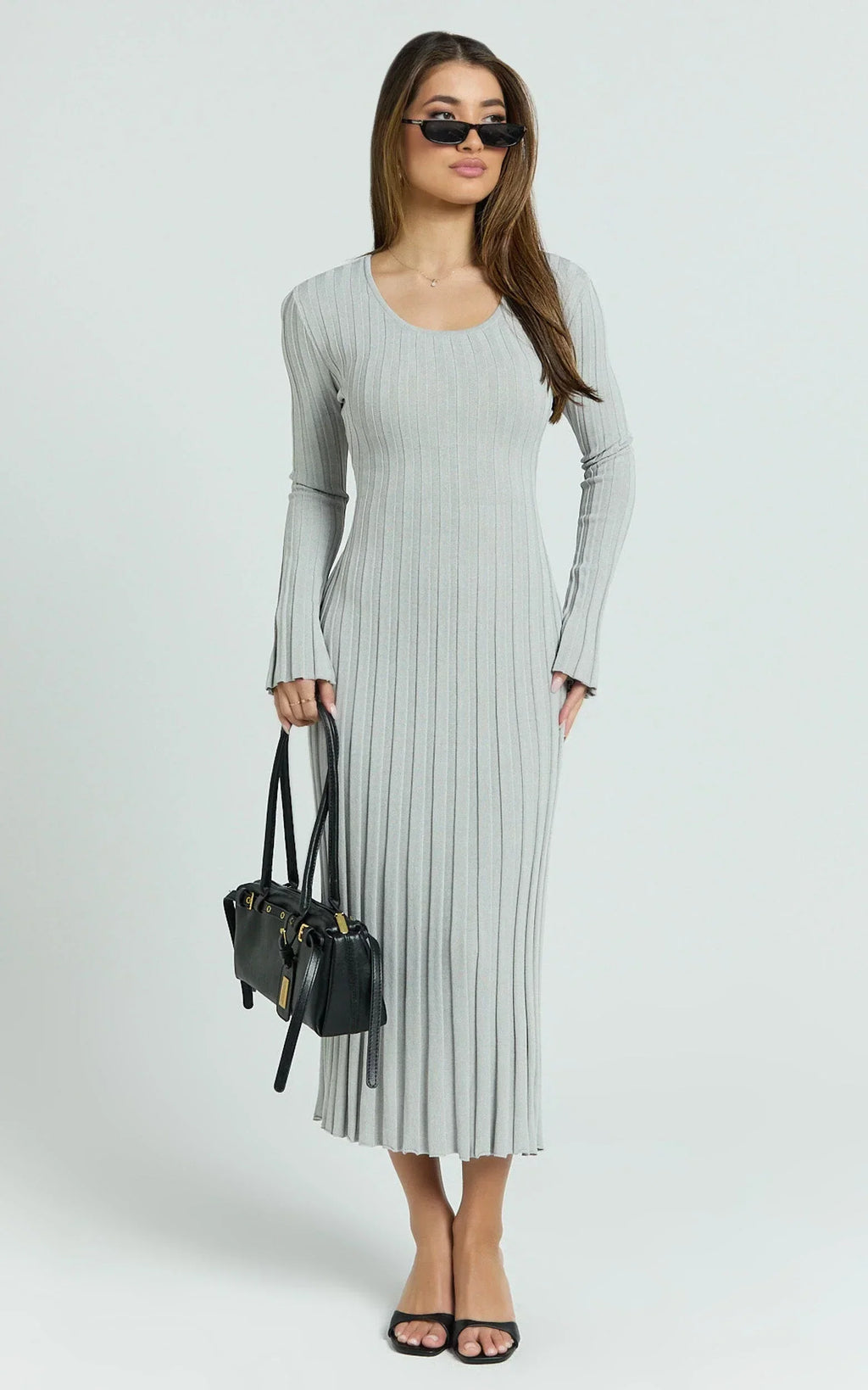 Blaire Midi Dress - Long Sleeve Tie Back Flare Dress in Grey Marle