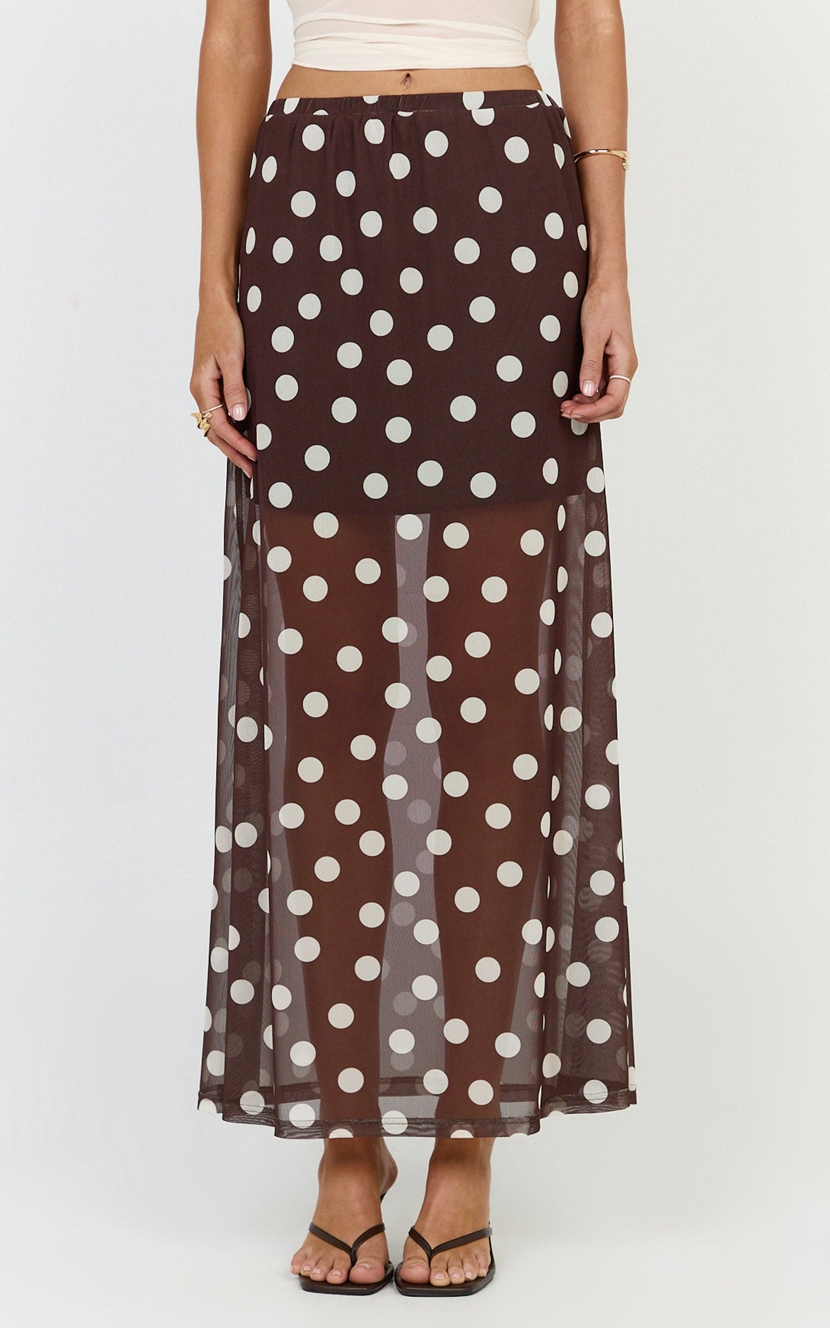 Ella Midi Skirt - Sheer Layered Skirt in Chocolate Polka Dot