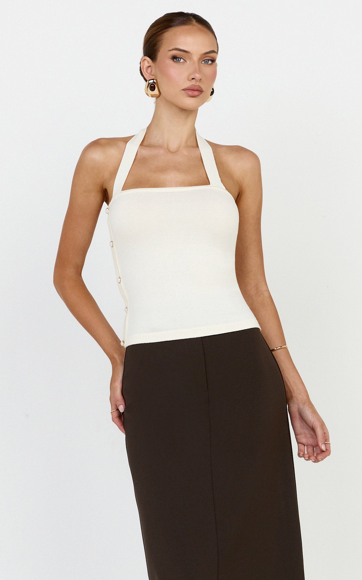 Julie Top - Tie Halter Button Detail Top in Ivory