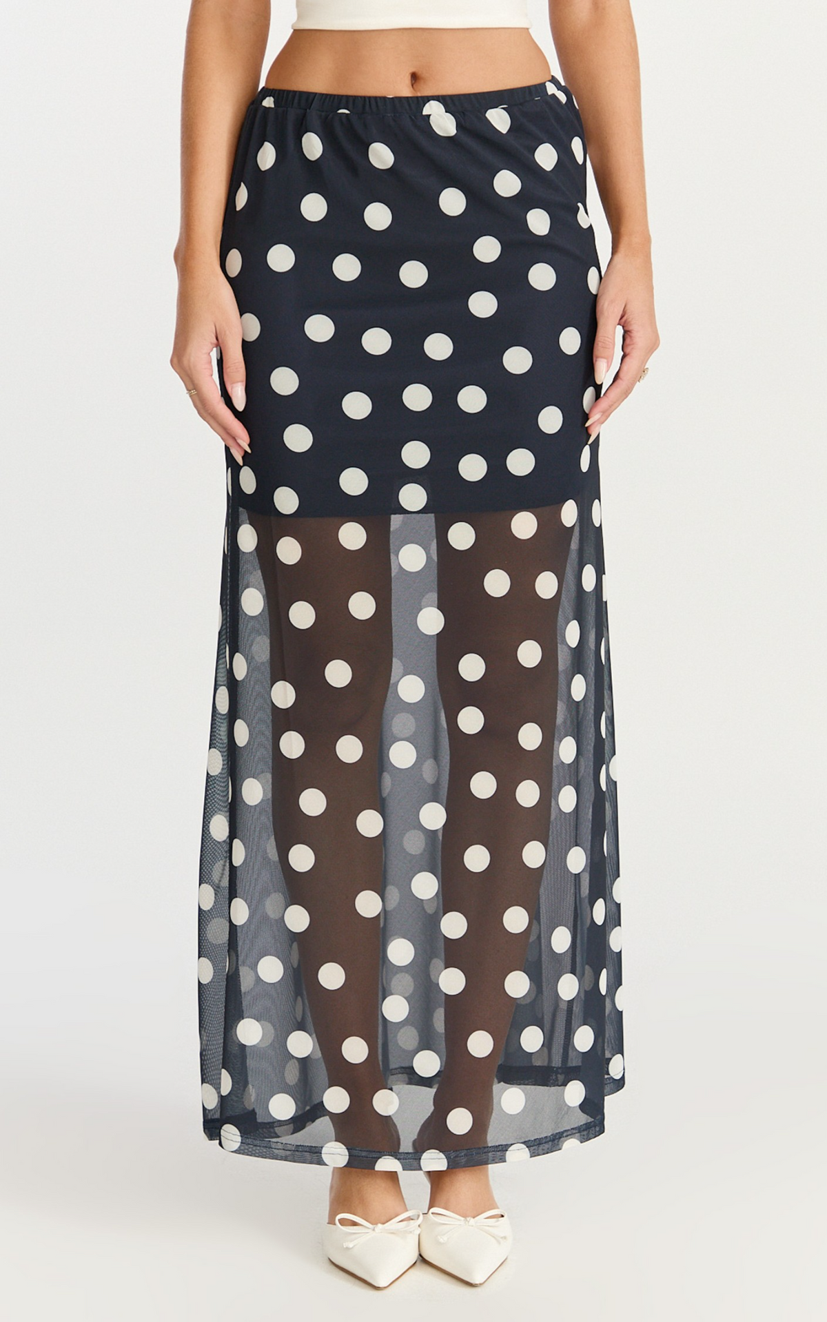 Ella Midi Skirt - Sheer Layered Skirt in Navy Polka Dot