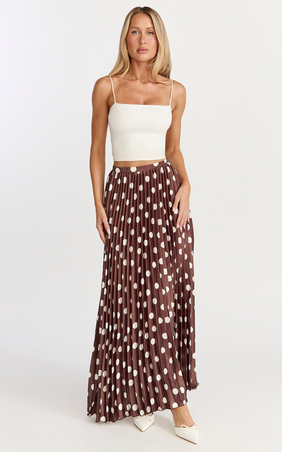Renee Maxi Skirt - Pleated High Waist A Line Skirt in Chocolate Polkadot