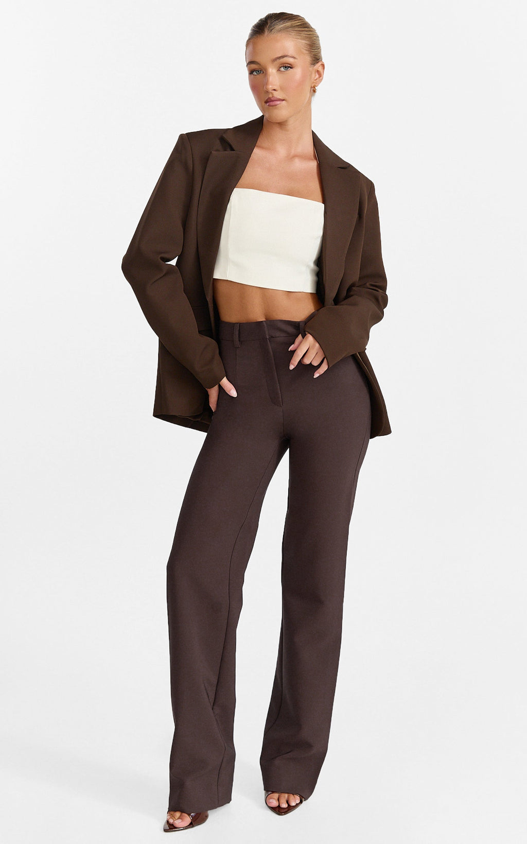 Sally Pants - Mid Waisted Straight Leg Tailored Pants in Chocolate