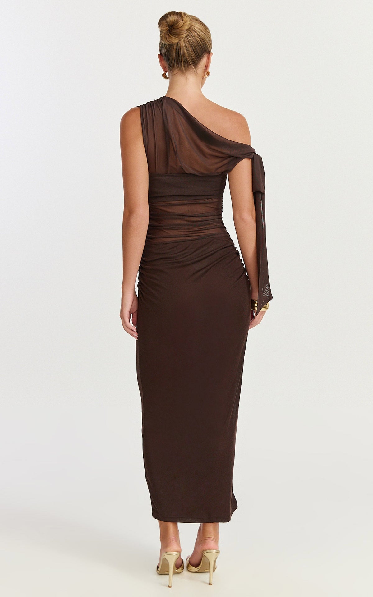 Astrid Midi Dress - Asymmetrical Off Shoulder Tie Detail Dress in Chocolate