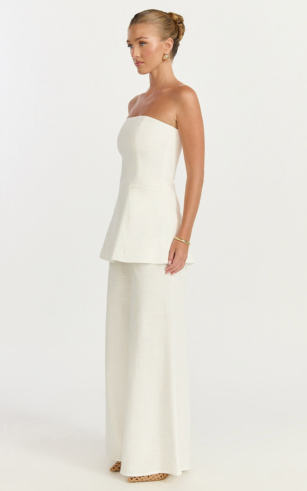 Isadora Two Piece Top and Pants Set - Strapless Longline Top and Wide Leg Pants Set in White