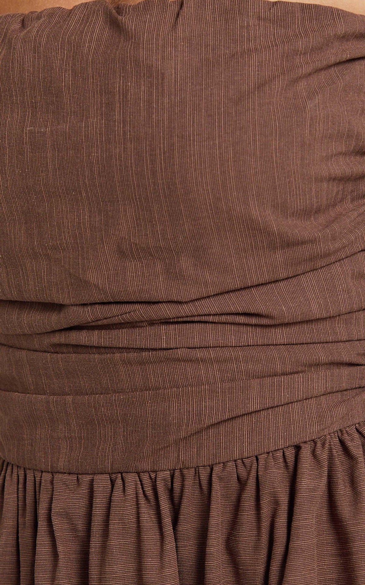 Polly Midi Dress - Strapless Ruched Dress in Chocolate