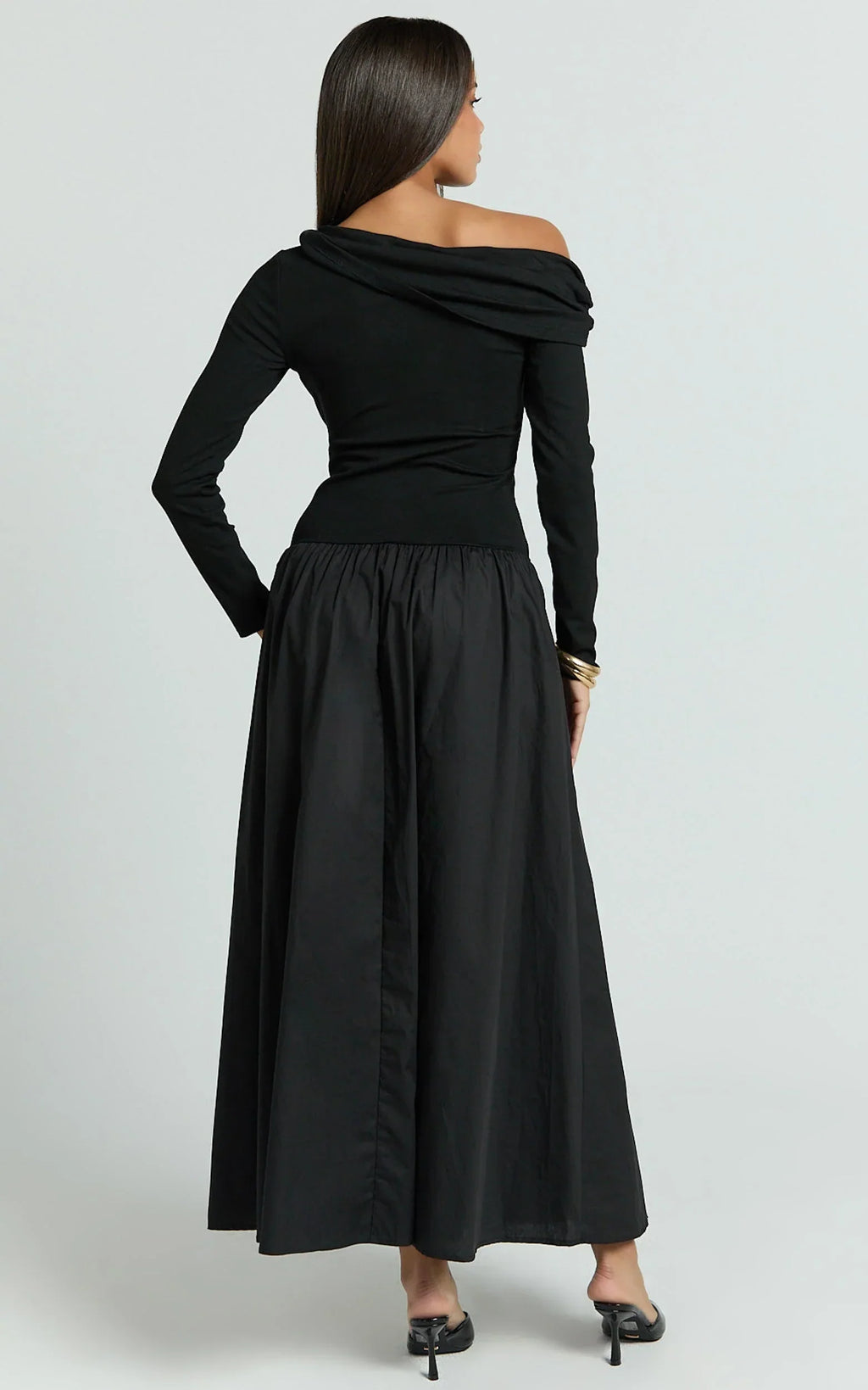 Lorna Midi Dress - One Shoulder Long Sleeve Dress in Black