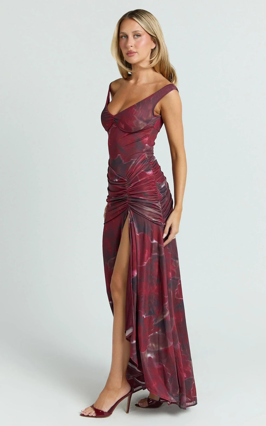 Demetria Midi Dress - Floral Mesh Printed Bodycon Dress in Burgundy Rose