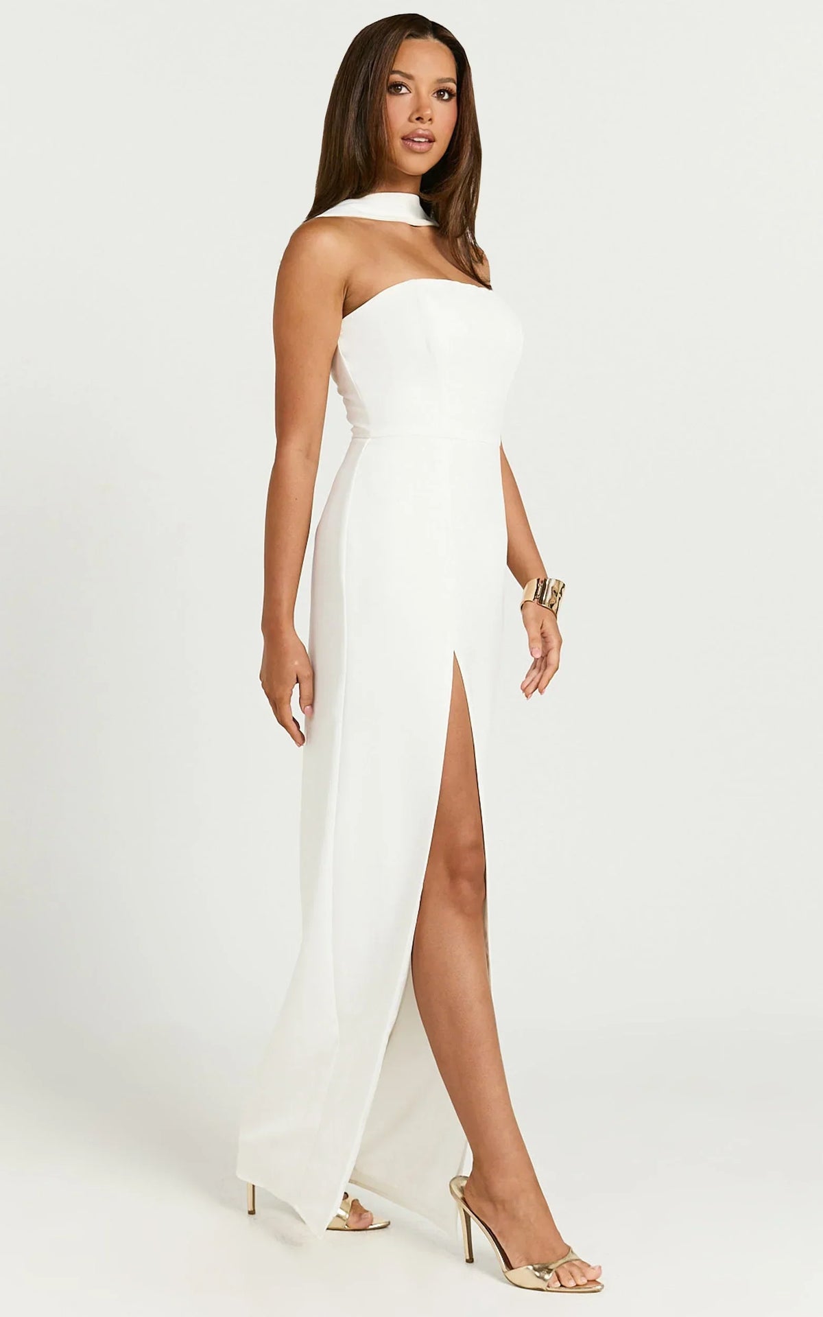 Allegra Maxi Dress - Neck Band Column High Split Dress in Off White