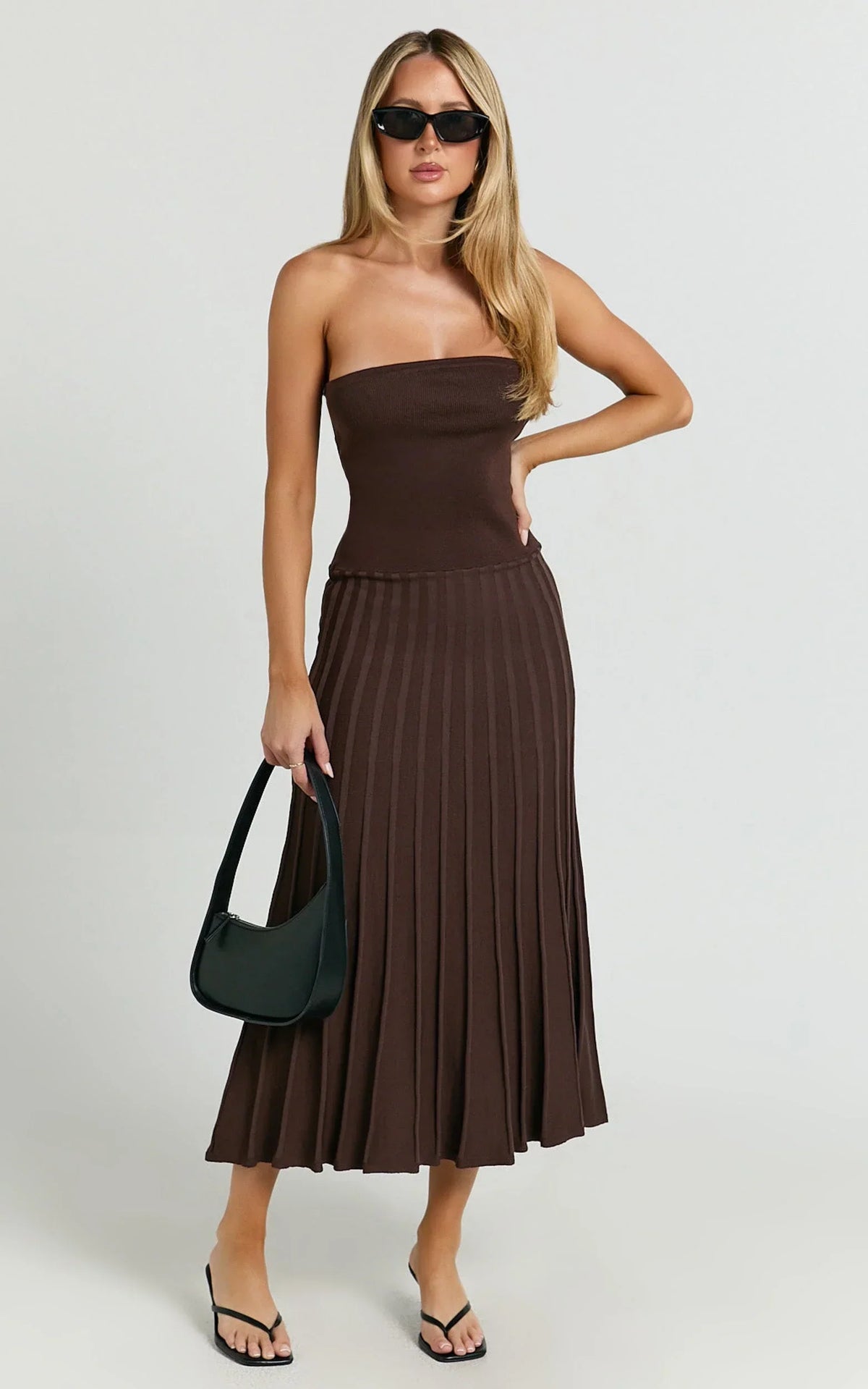 Paris Midi Dress - Strapless Drop Waist Pleated Knit Dress in Chocolate