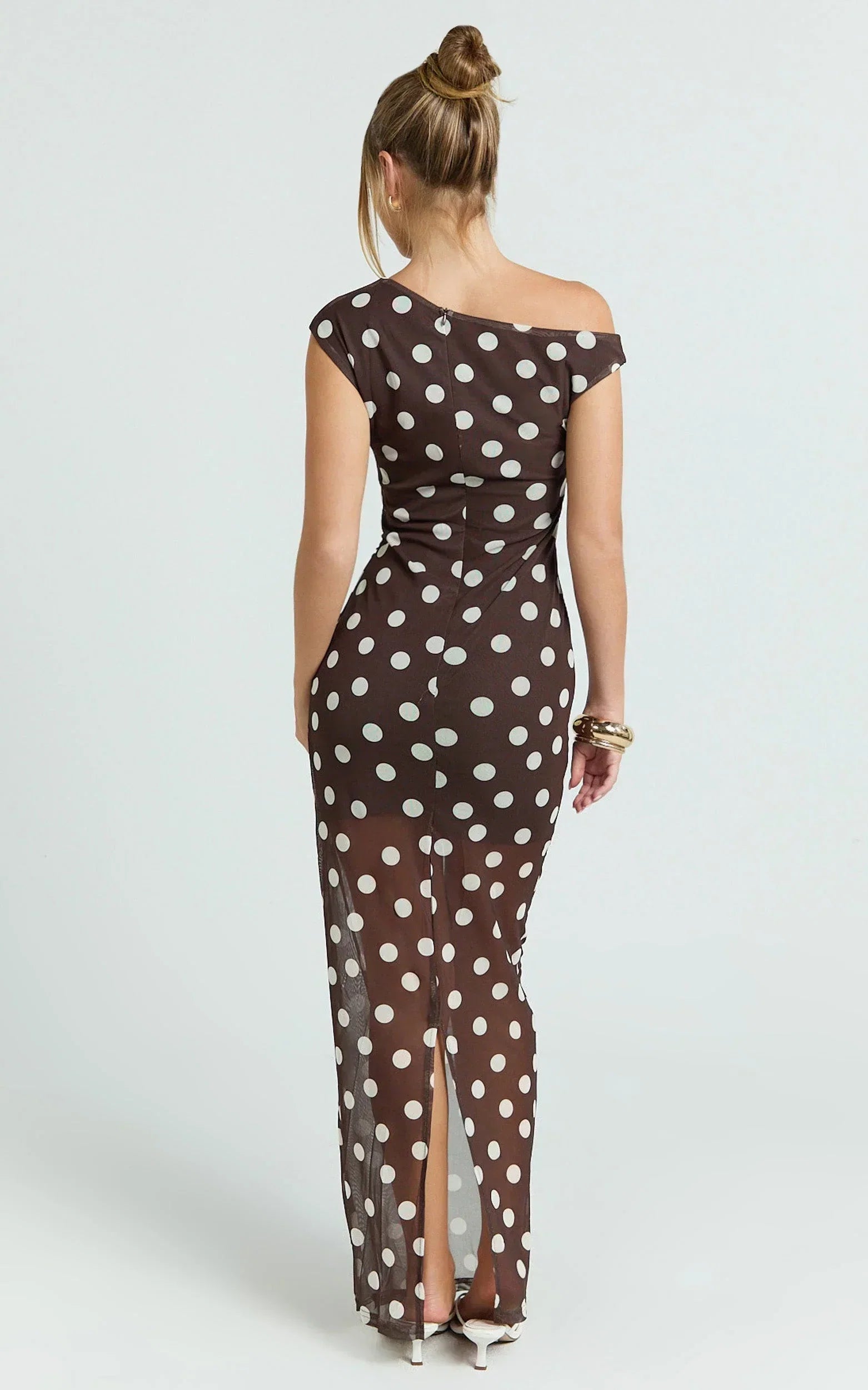 Lia Maxi Dress - Off Shoulder Slip Dress in Chocolate White Spot