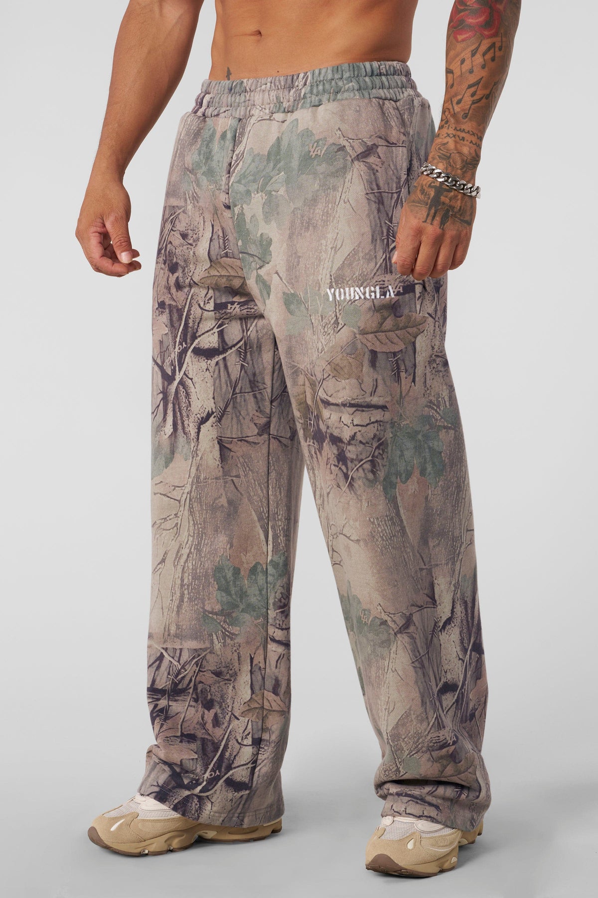 2094 Tree Camo No Cuff Sweats, straight-leg and heavyweight terry — relaxed, comfortable, and durable for everyday wear or workouts in color Beige 