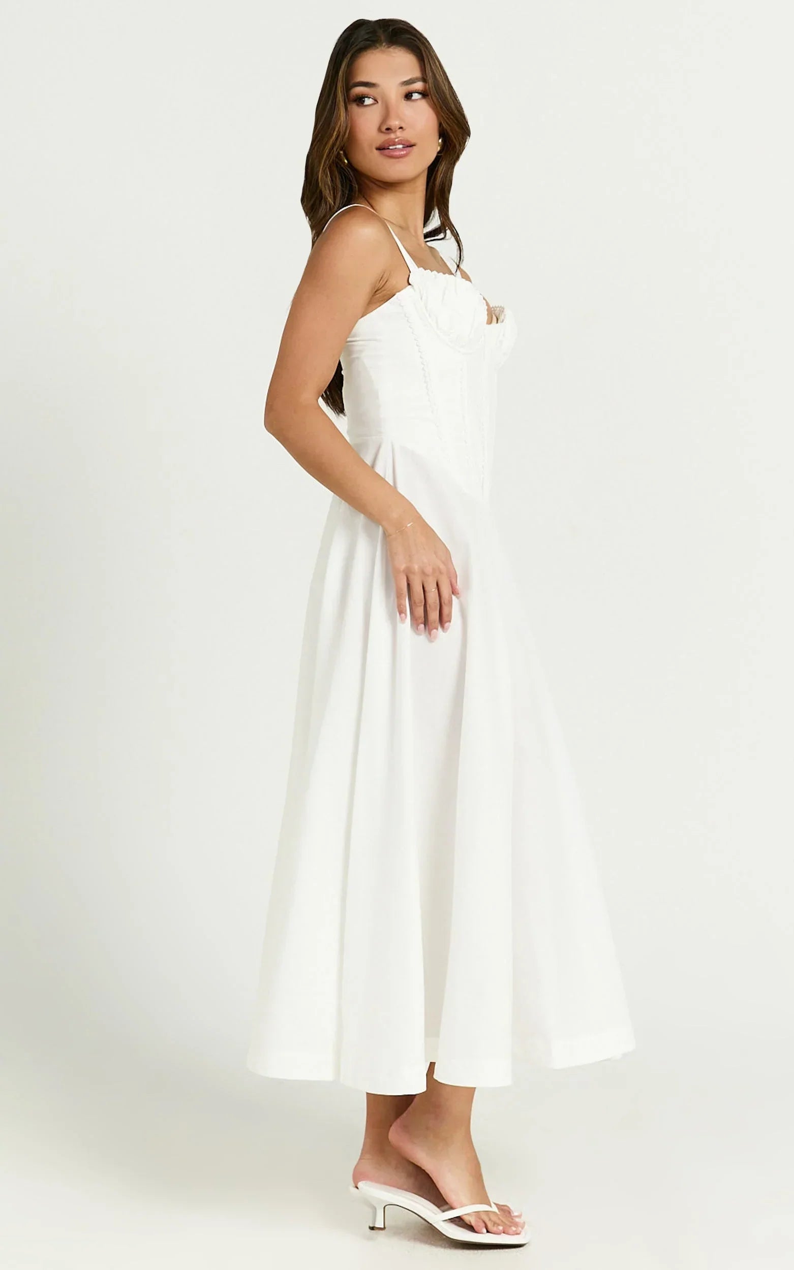 Jonas Midi Dress - Ruched Corset Lace Trim Dress in Ivory