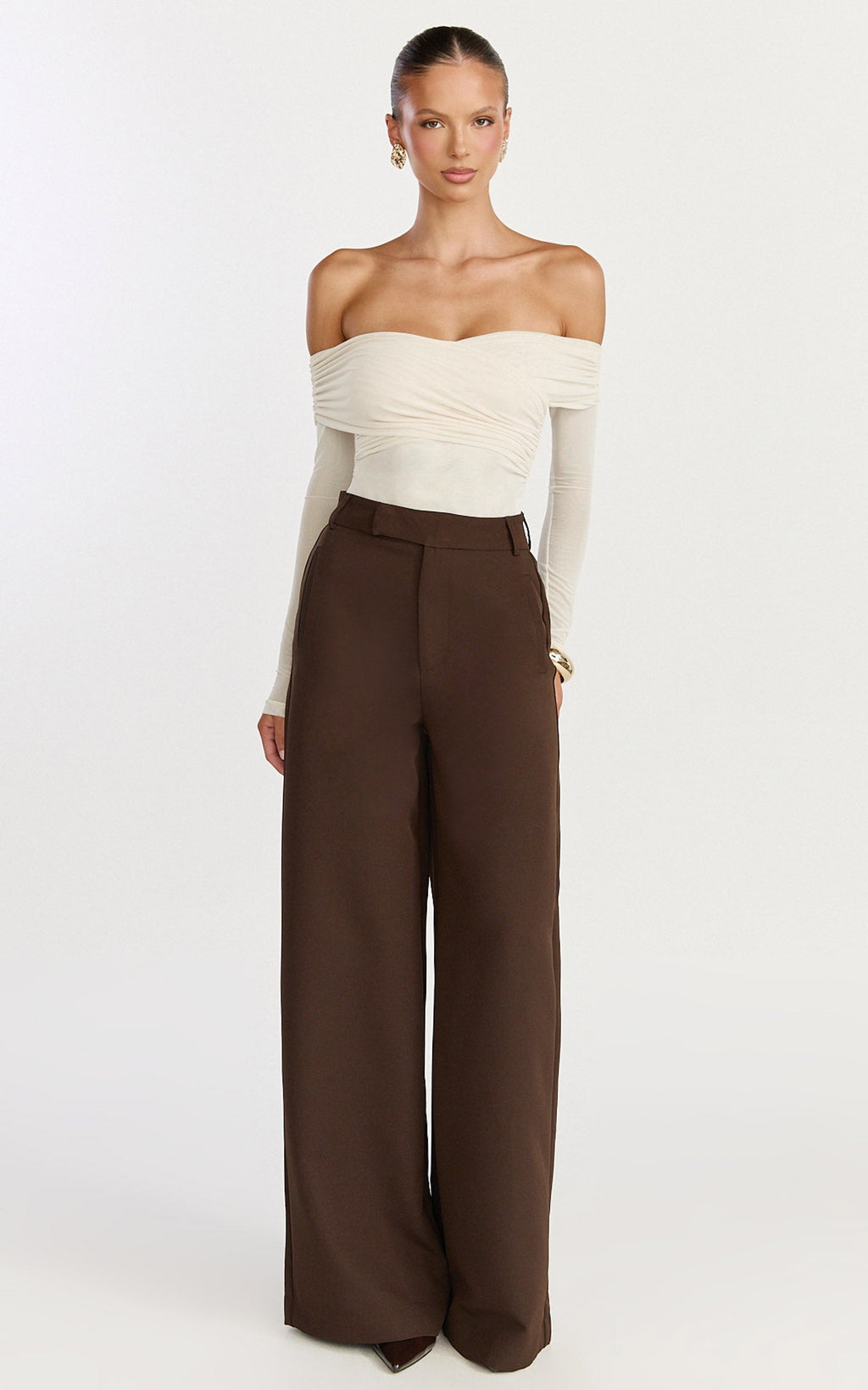 Opal Bodysuit - Long Sleeve Wrapped Off Shoulder Bodysuit in Cream