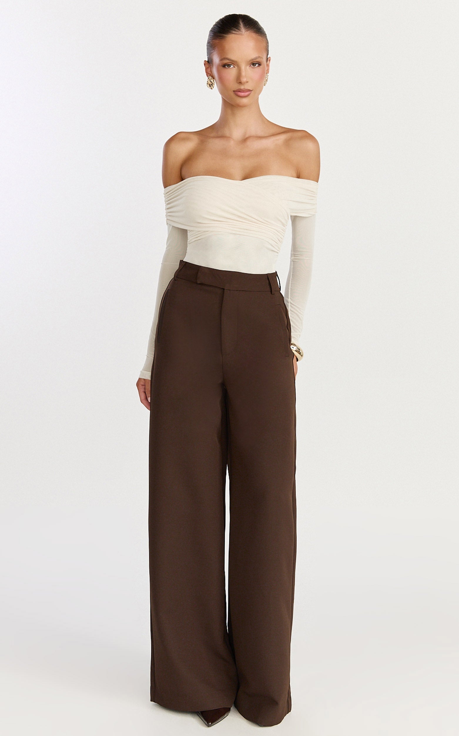 Opal Bodysuit - Long Sleeve Wrapped Off Shoulder Bodysuit in Cream