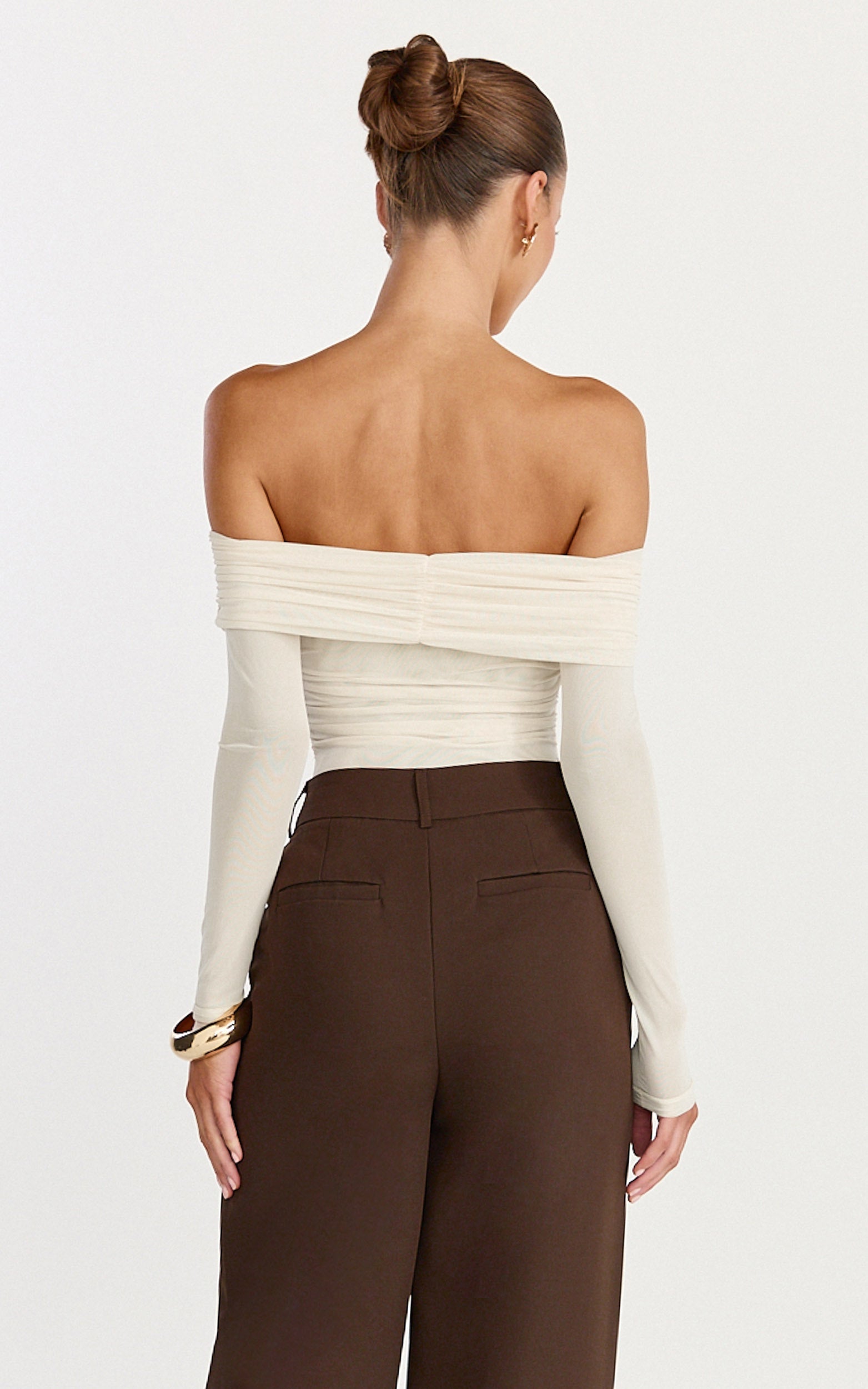 Opal Bodysuit - Long Sleeve Wrapped Off Shoulder Bodysuit in Cream