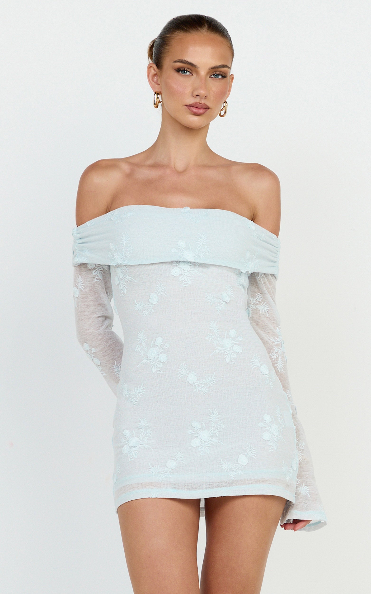 Raymond Mini Dress - Off Shoulder Long Sleeve Fitted Dress in Blue