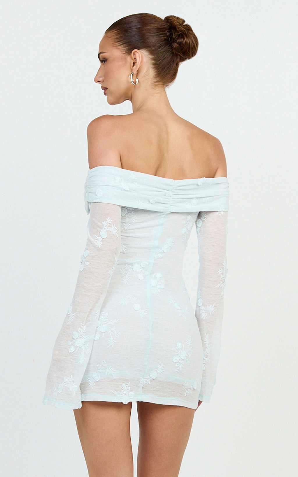 Raymond Mini Dress - Off Shoulder Long Sleeve Fitted Dress in Blue