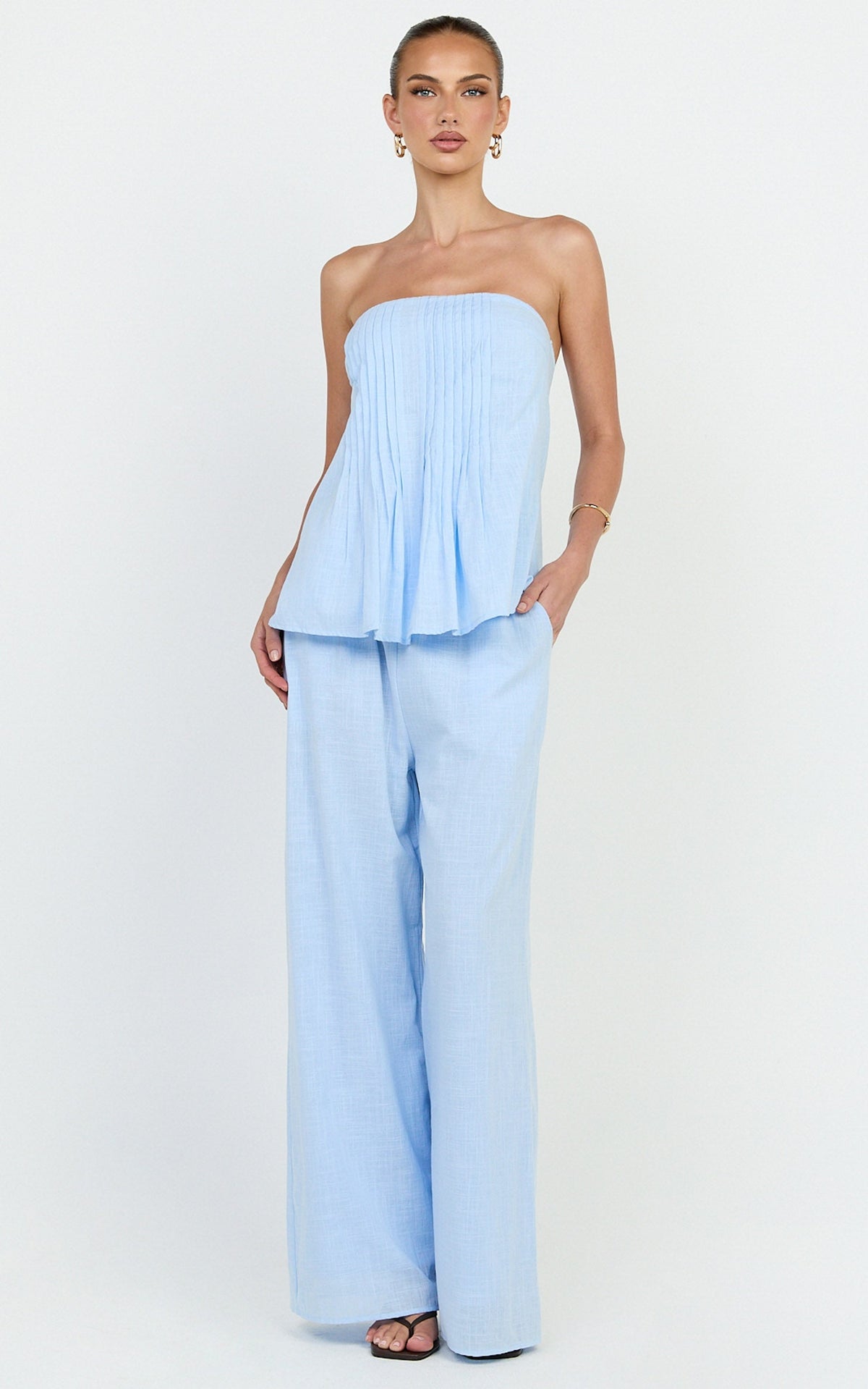 Carli Two Piece Top and Pants Set - Cotton Tube Pant Set in Blue