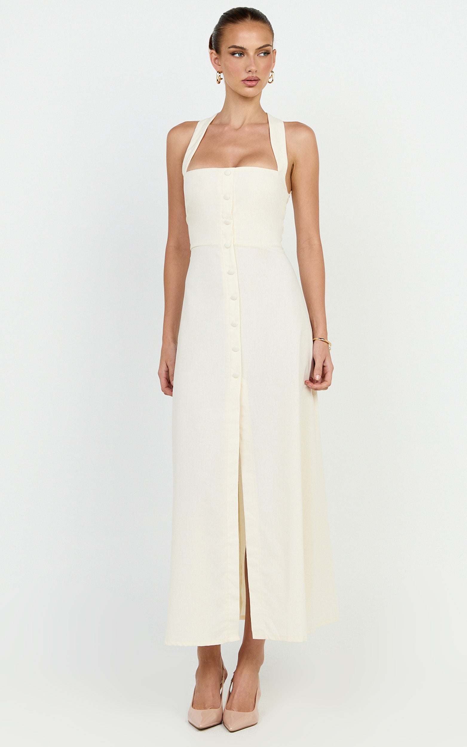 Marla Midi Dress - Square Neck Button Front Shift Dress in Cream