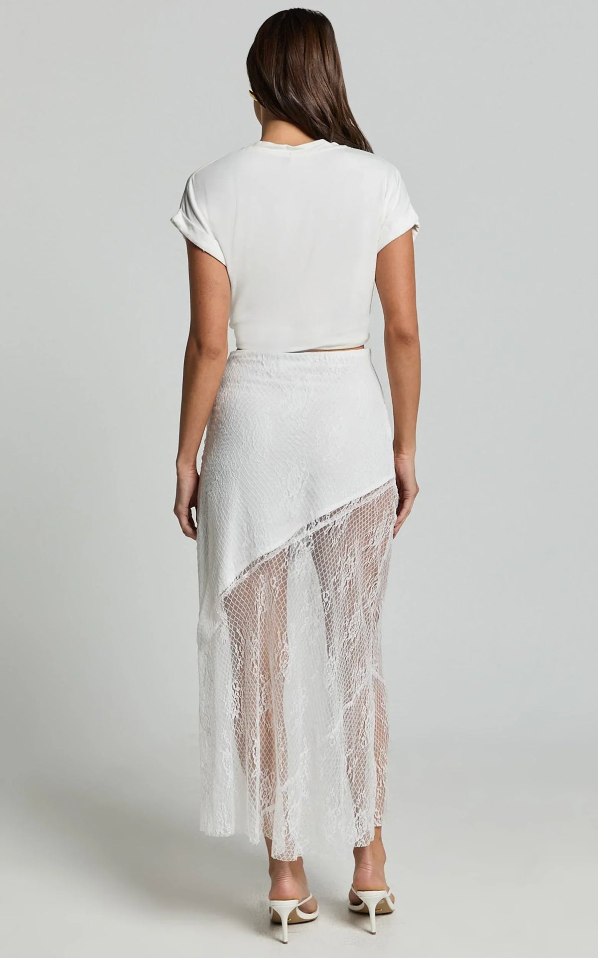 Carina Midi Skirt - Mid Waist Lace Asymmetrical Skirt in Ivory