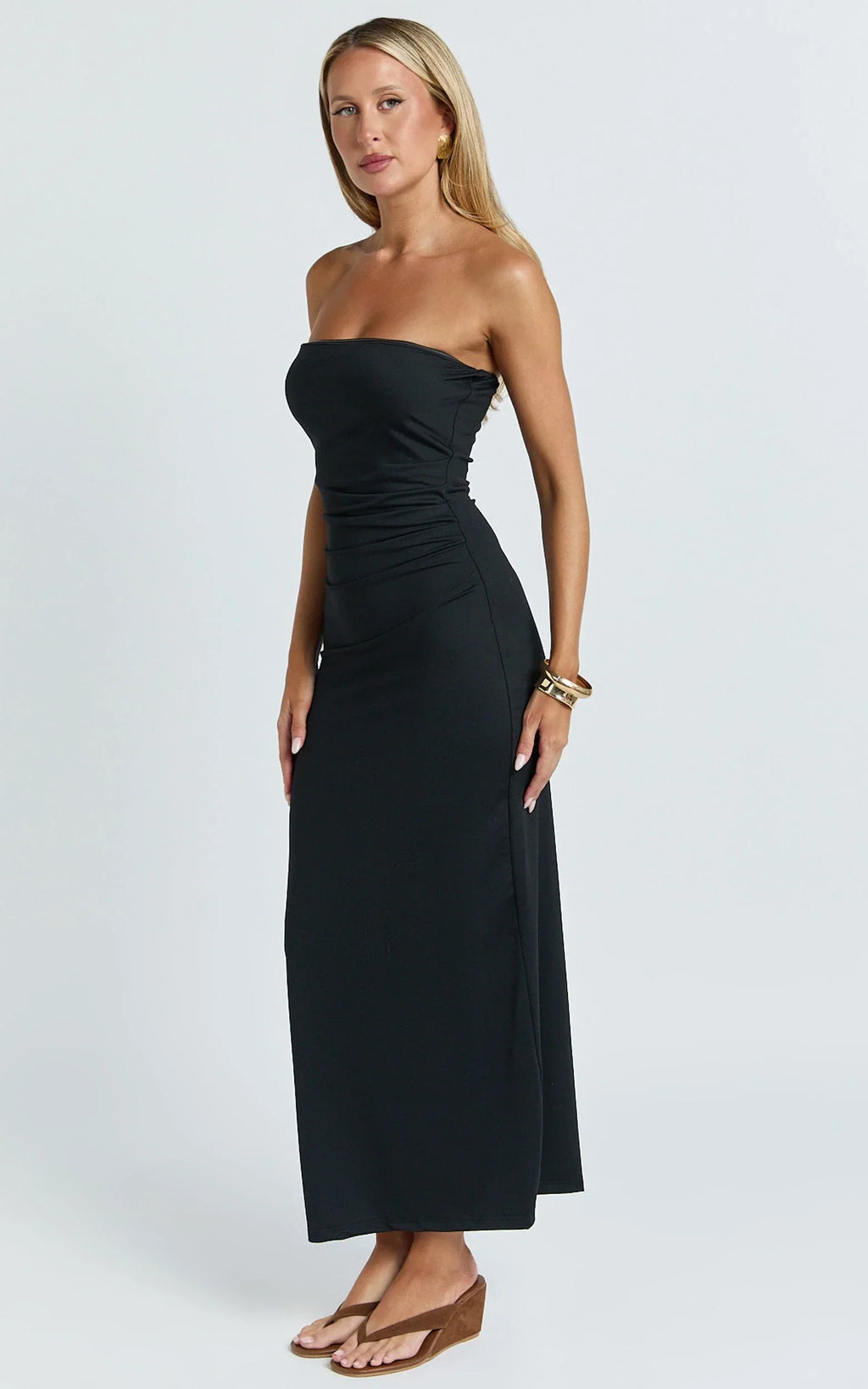 Natasha Midi Dress - Strapless Ruched Column Dress in Black