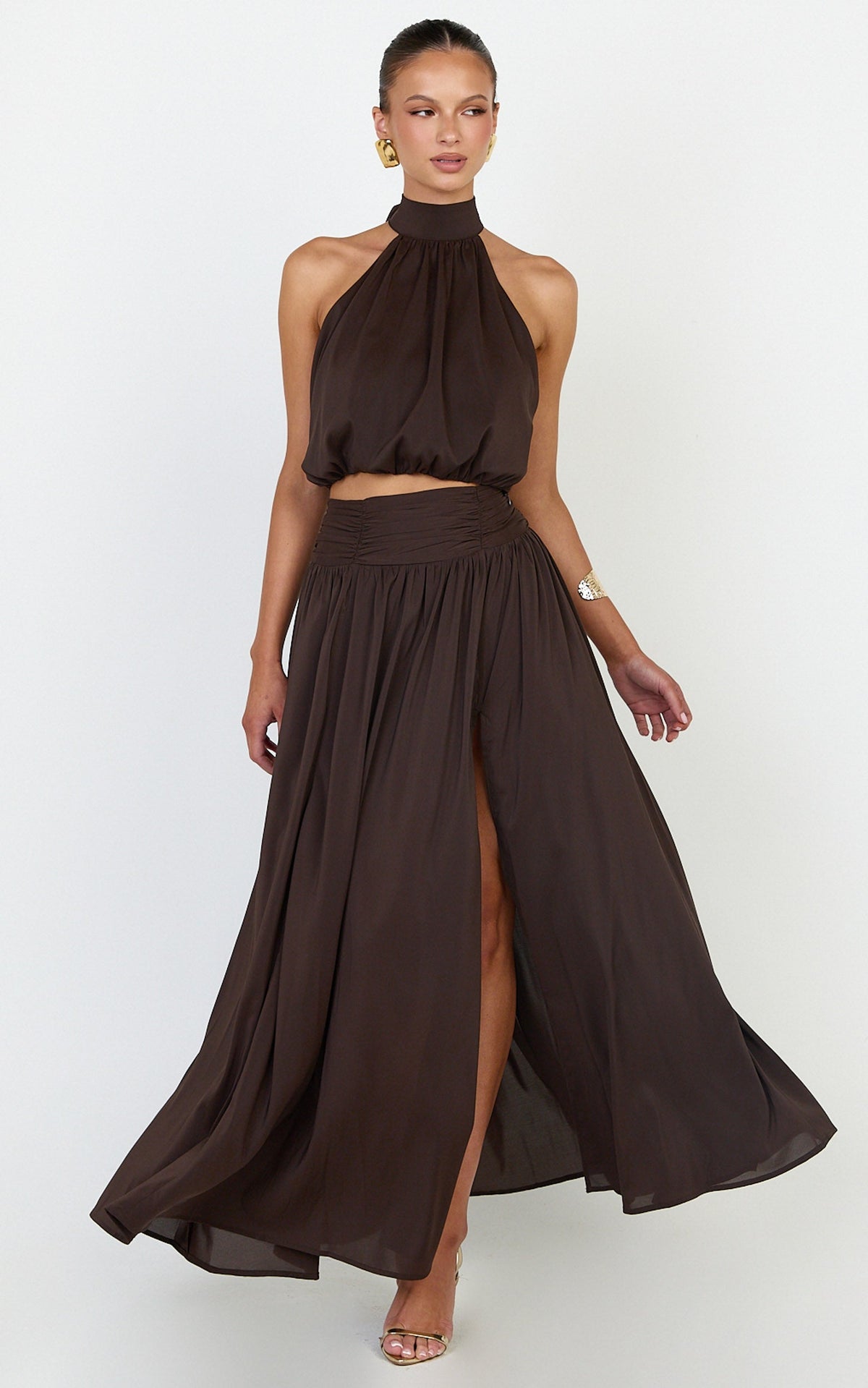 Melanie Maxi Skirt - Gathered Yoke Skirt in Brown