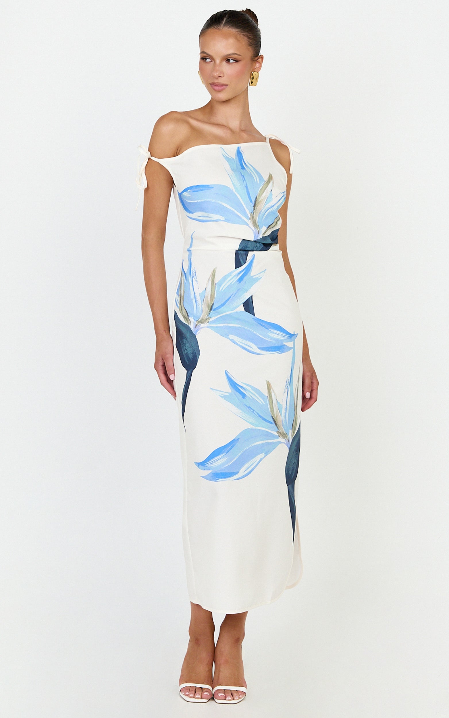 Zali Midi Dress - Off Shoulder Side Split Column Dress in Zali Floral Print