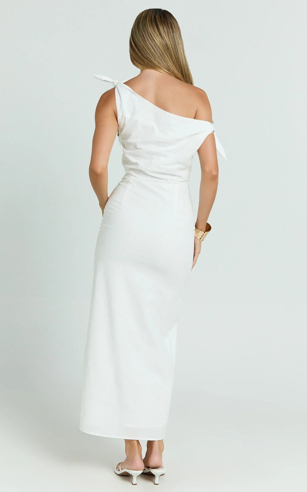 Cincinnati Midi Dress - Off The Shoulder Side Split Column Linen Dress in White