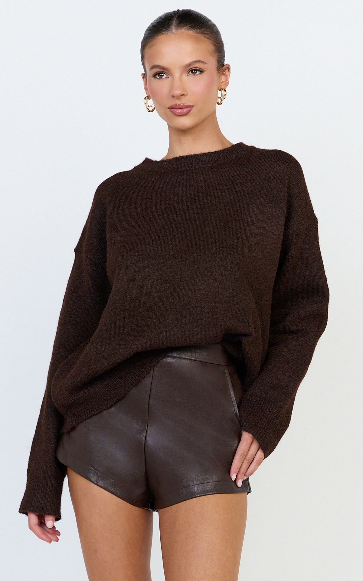 Amanda Jumper - Crew Neck Long Sleeve Knit Sweater in Chocolate