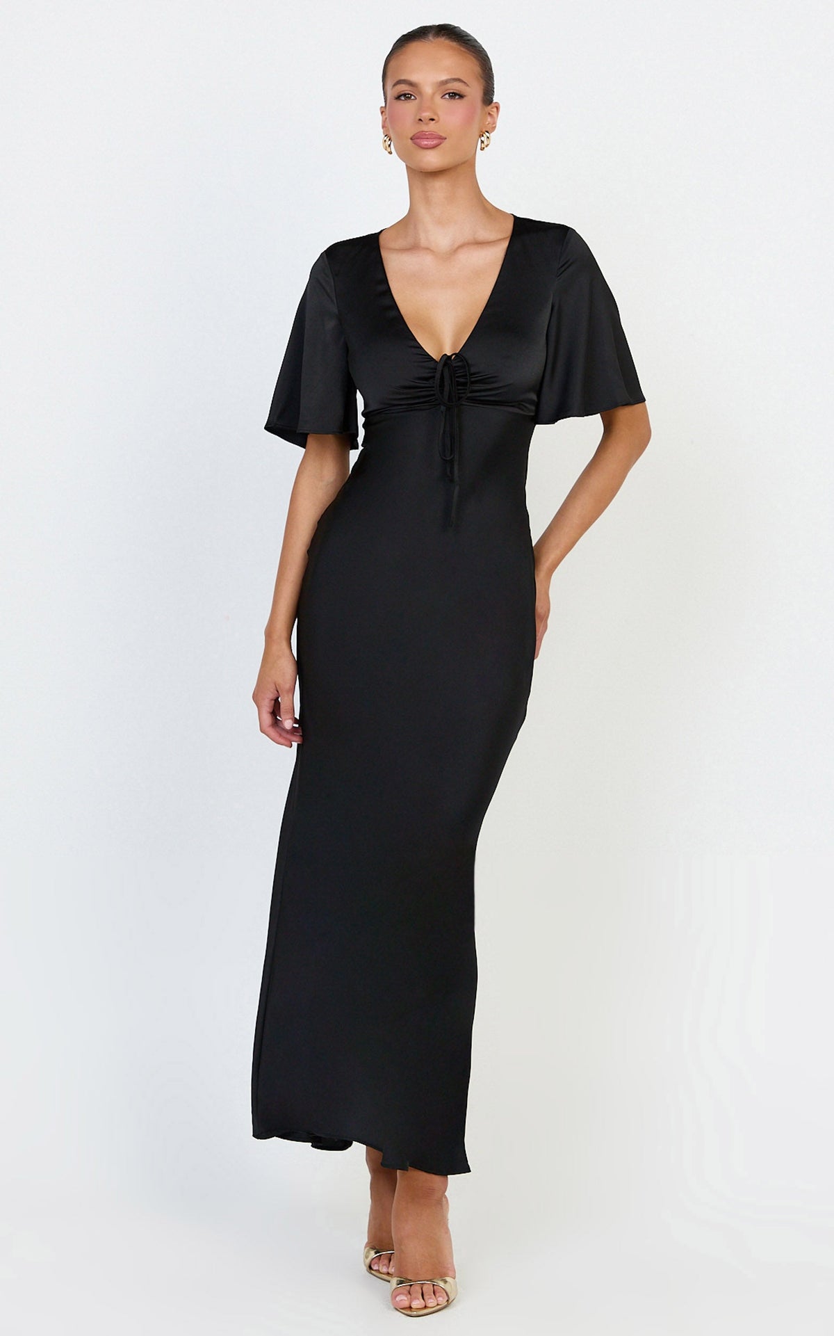 Amelie Maxi Dress - Ruched Front Angel Sleeve Satin Dress in Black