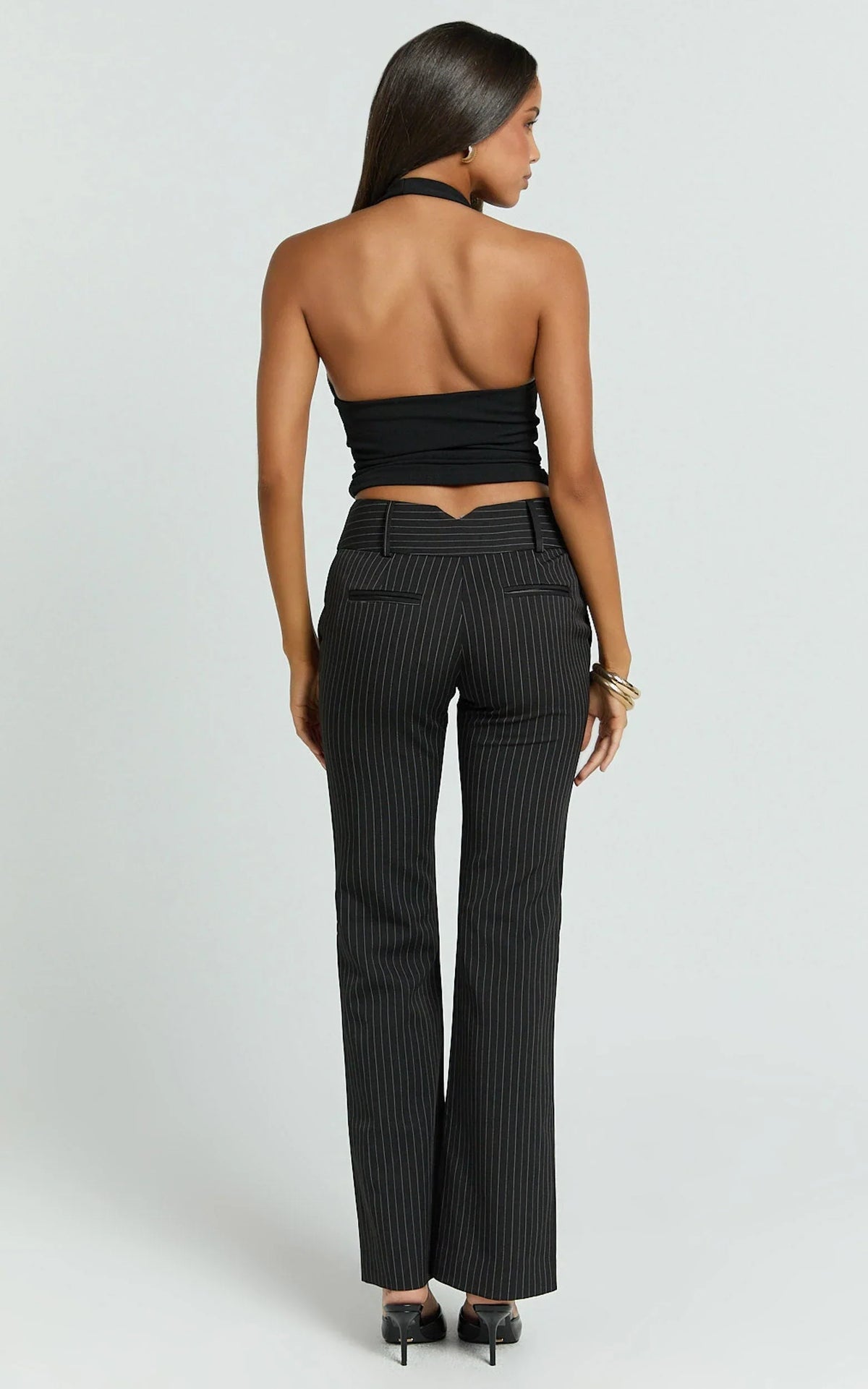 Elliot Pants - Mid Rise Pinstripe Bootleg Pants in Black Pinstripe
